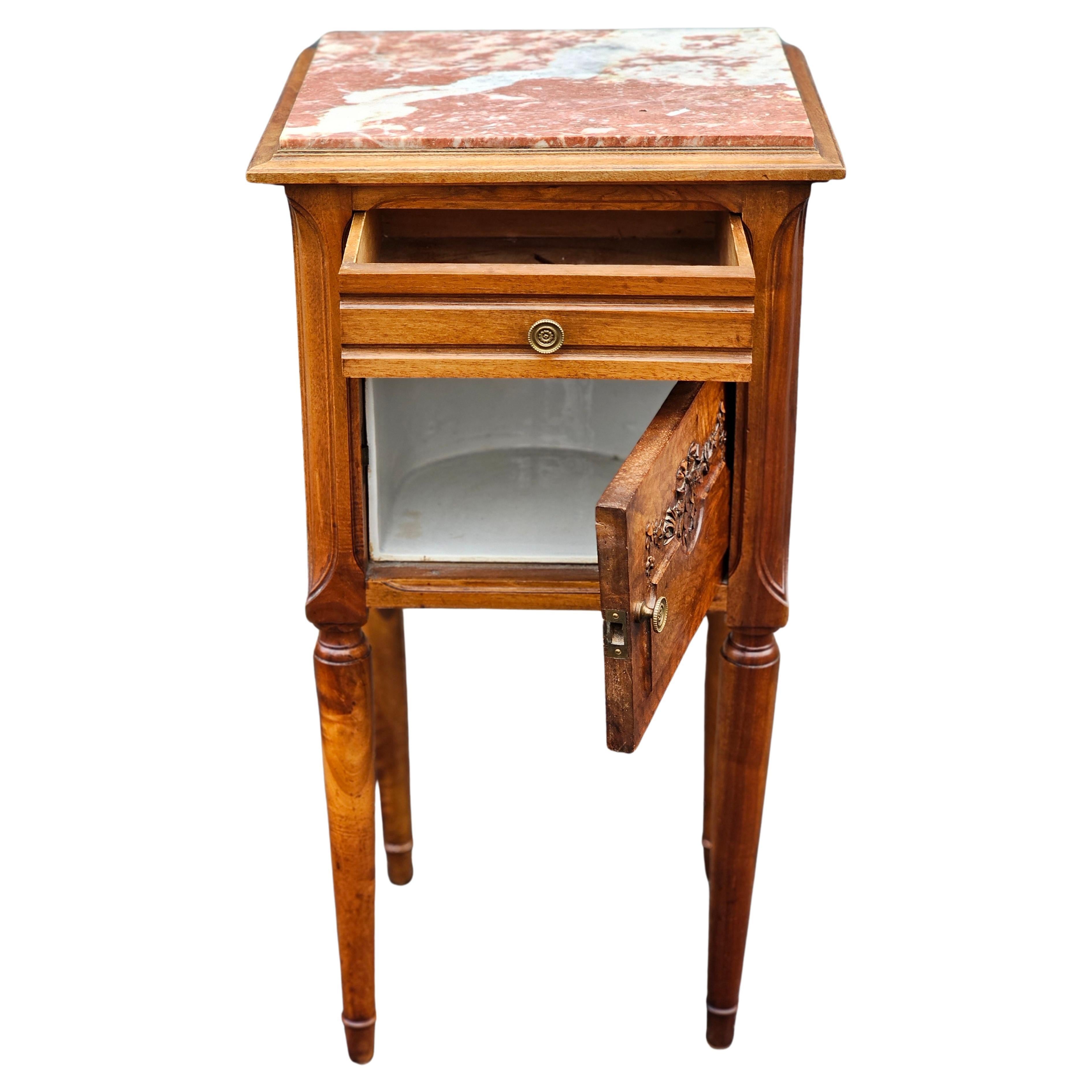 Arts and Crafts Arts & Crats Transitional Walnut Marble Top and Porcelain Humidor Side Table For Sale