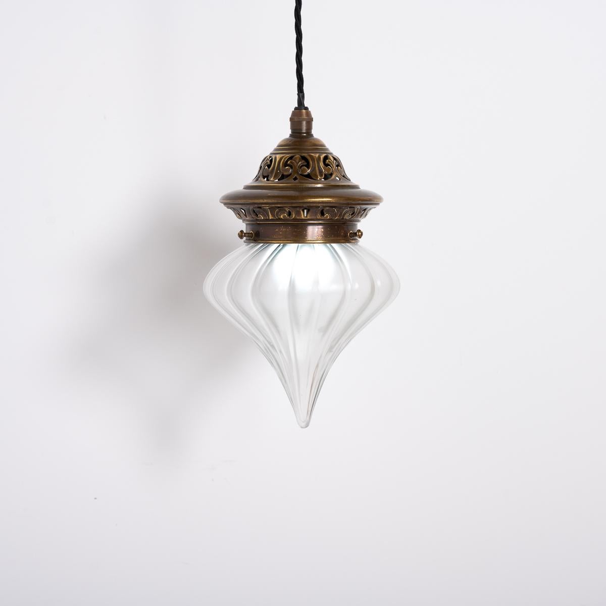 Arts Nouveau Pendant Light with Frosted Glass Teardrop Shade & Decorative Brass 7