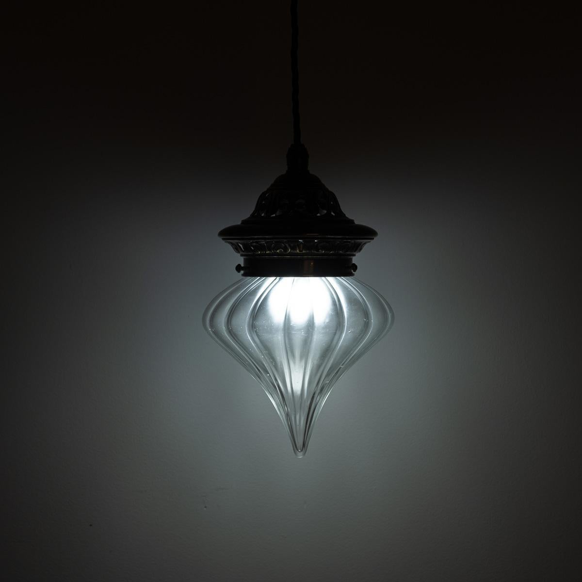 Arts Nouveau Pendant Light with Frosted Glass Teardrop Shade & Decorative Brass 8