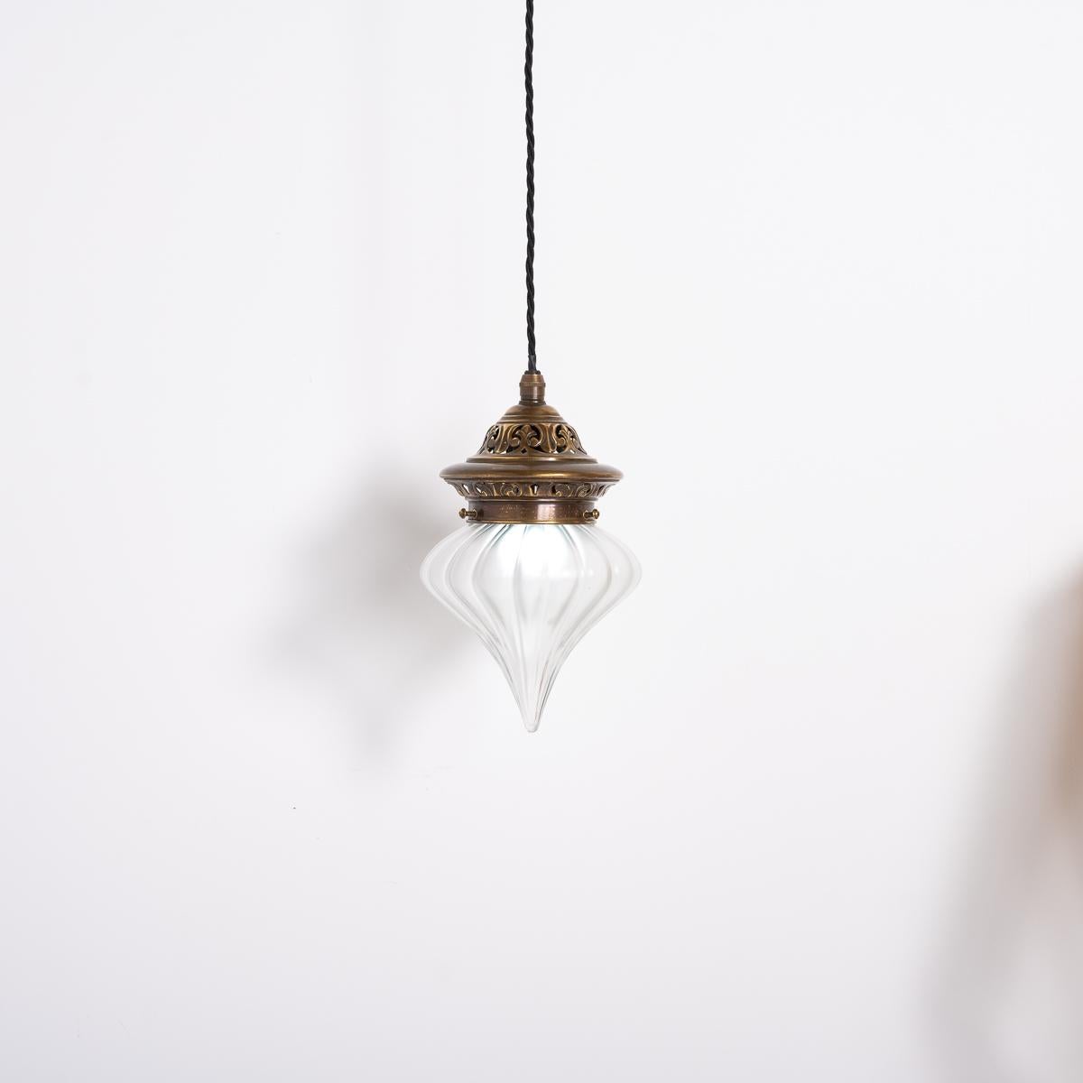 Arts Nouveau Pendant Light with Frosted Glass Teardrop Shade & Decorative Brass 10