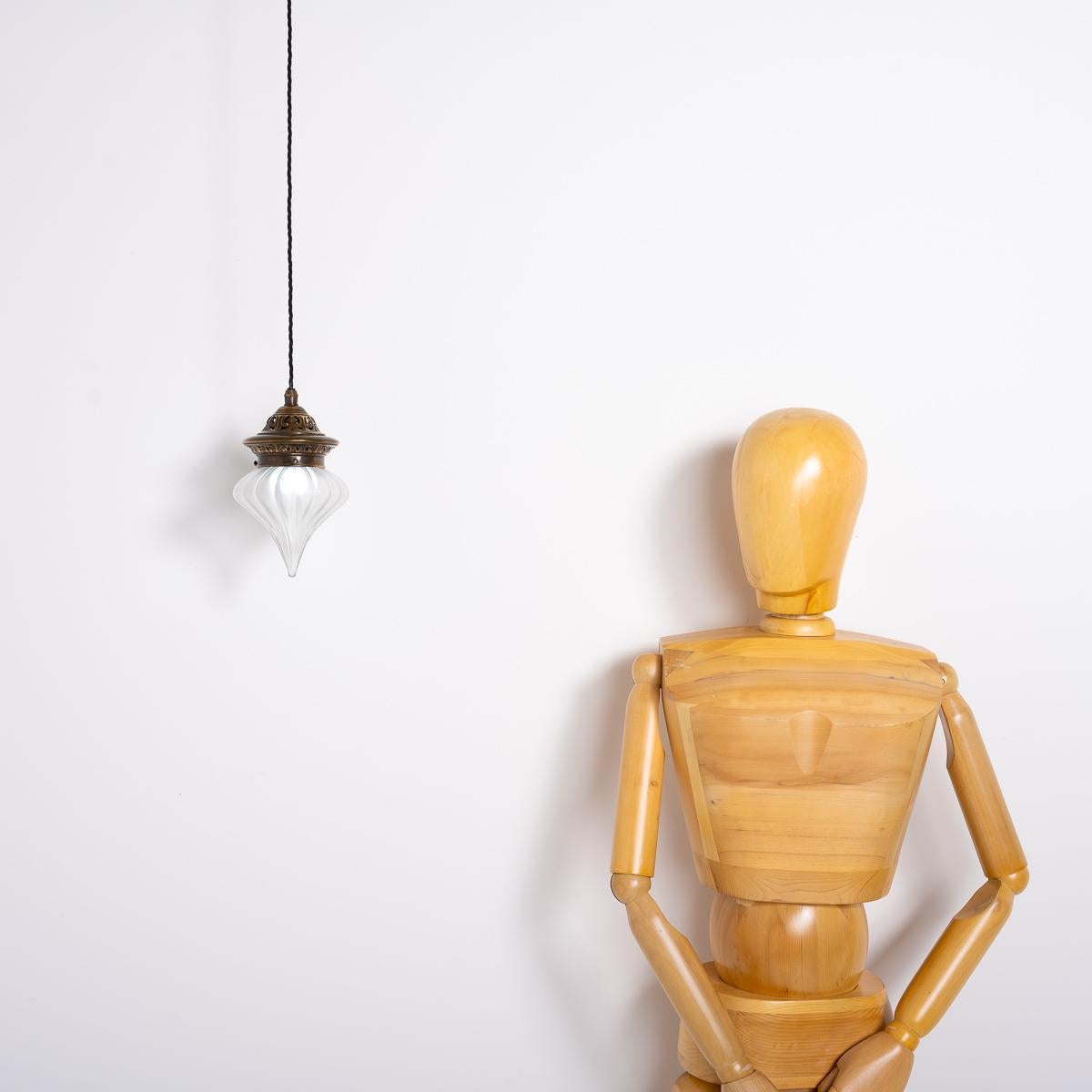Arts and Crafts Arts Nouveau Pendant Light with Frosted Glass Teardrop Shade & Decorative Brass