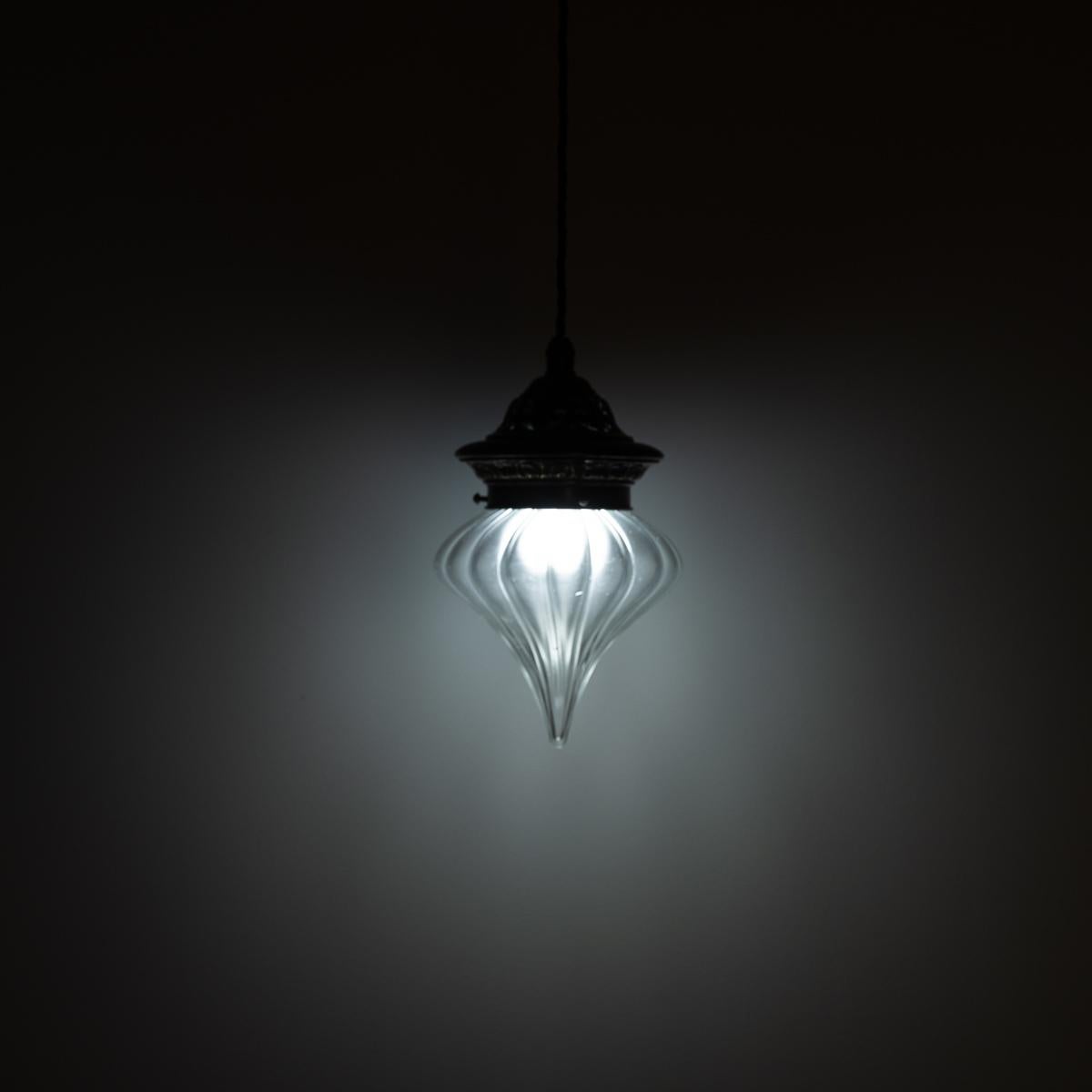 British Arts Nouveau Pendant Light with Frosted Glass Teardrop Shade & Decorative Brass