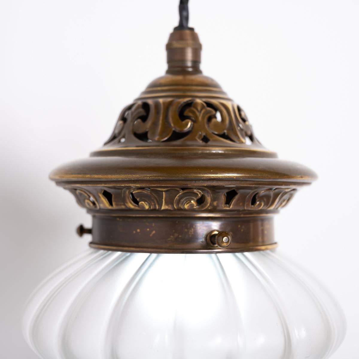 Arts Nouveau Pendant Light with Frosted Glass Teardrop Shade & Decorative Brass In Fair Condition In Nottingham, GB