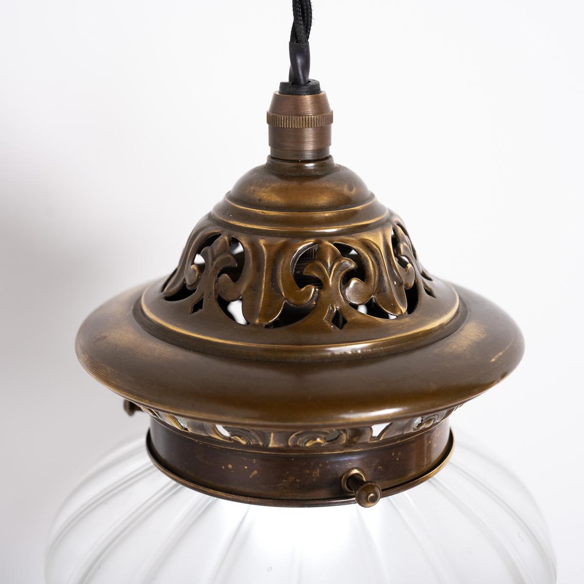 Arts Nouveau Pendant Light with Frosted Glass Teardrop Shade & Decorative Brass 1