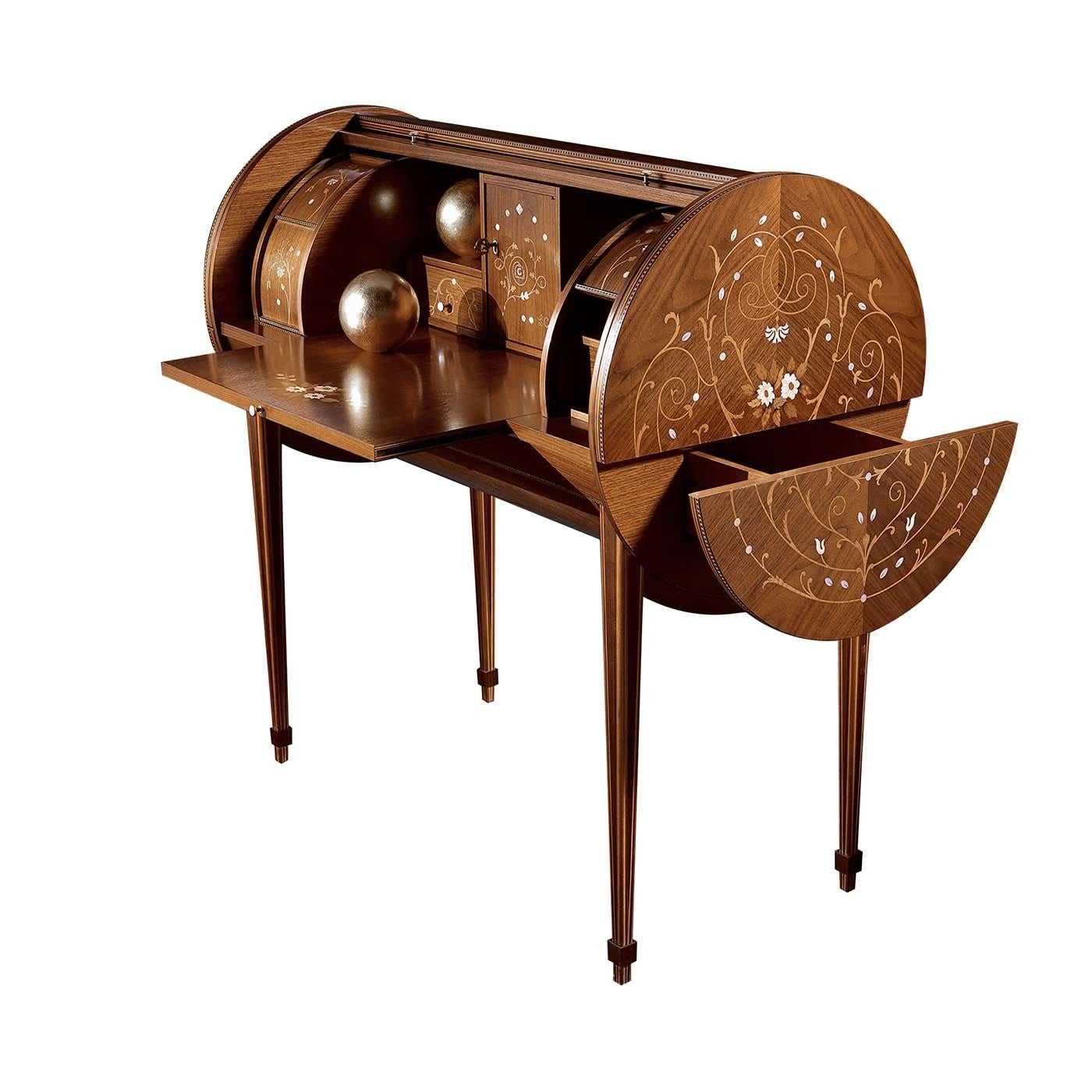 A stunning objet d'art that will add a lavish and refined accent in a private study or living room, this desk was crafted of wood covered in black walnut veneer. The surface of the piece, with its curves and unique silhouette, is adorned throughout