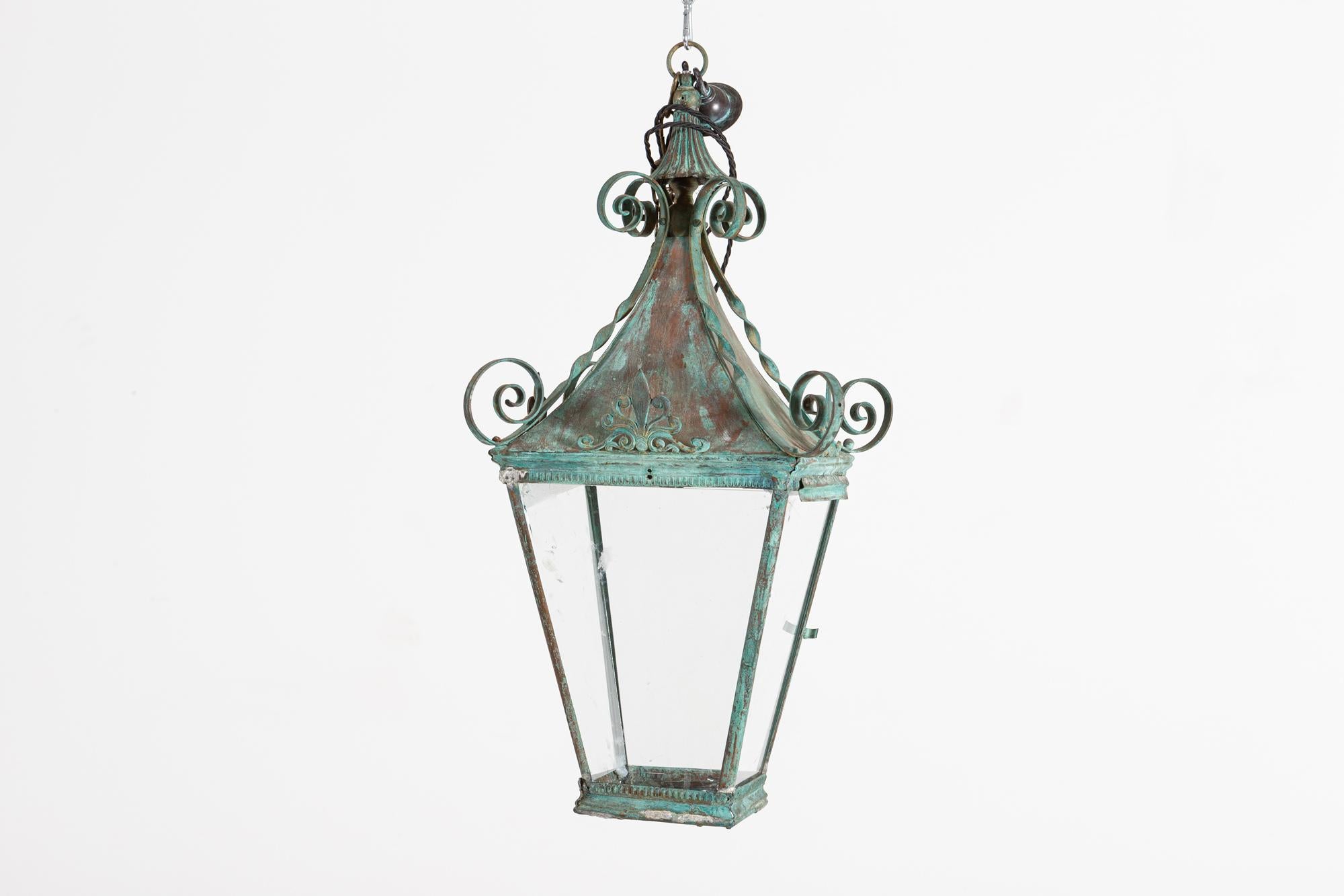 Arts & Crafts Verdigris Brass & Copper Hall Lantern In Good Condition In Staffordshire, GB