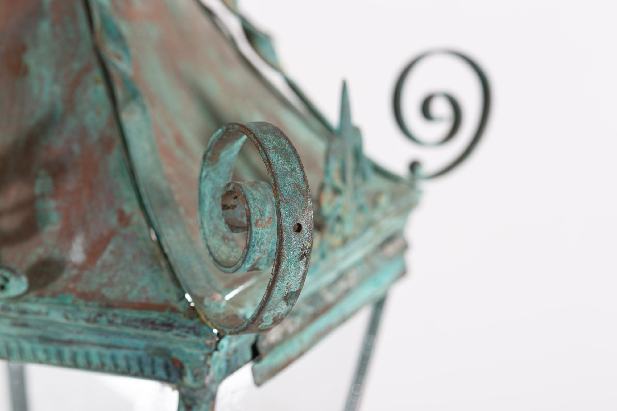 Early 20th Century Arts & Crafts Verdigris Brass & Copper Hall Lantern