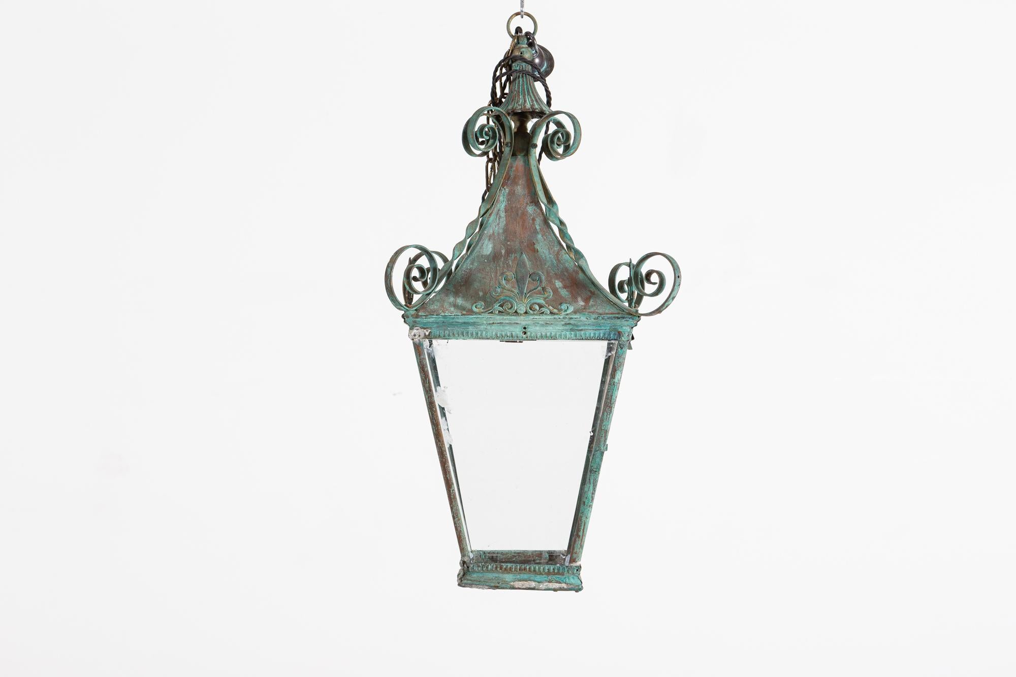 Arts & Crafts Verdigris Brass & Copper Hall Lantern 1