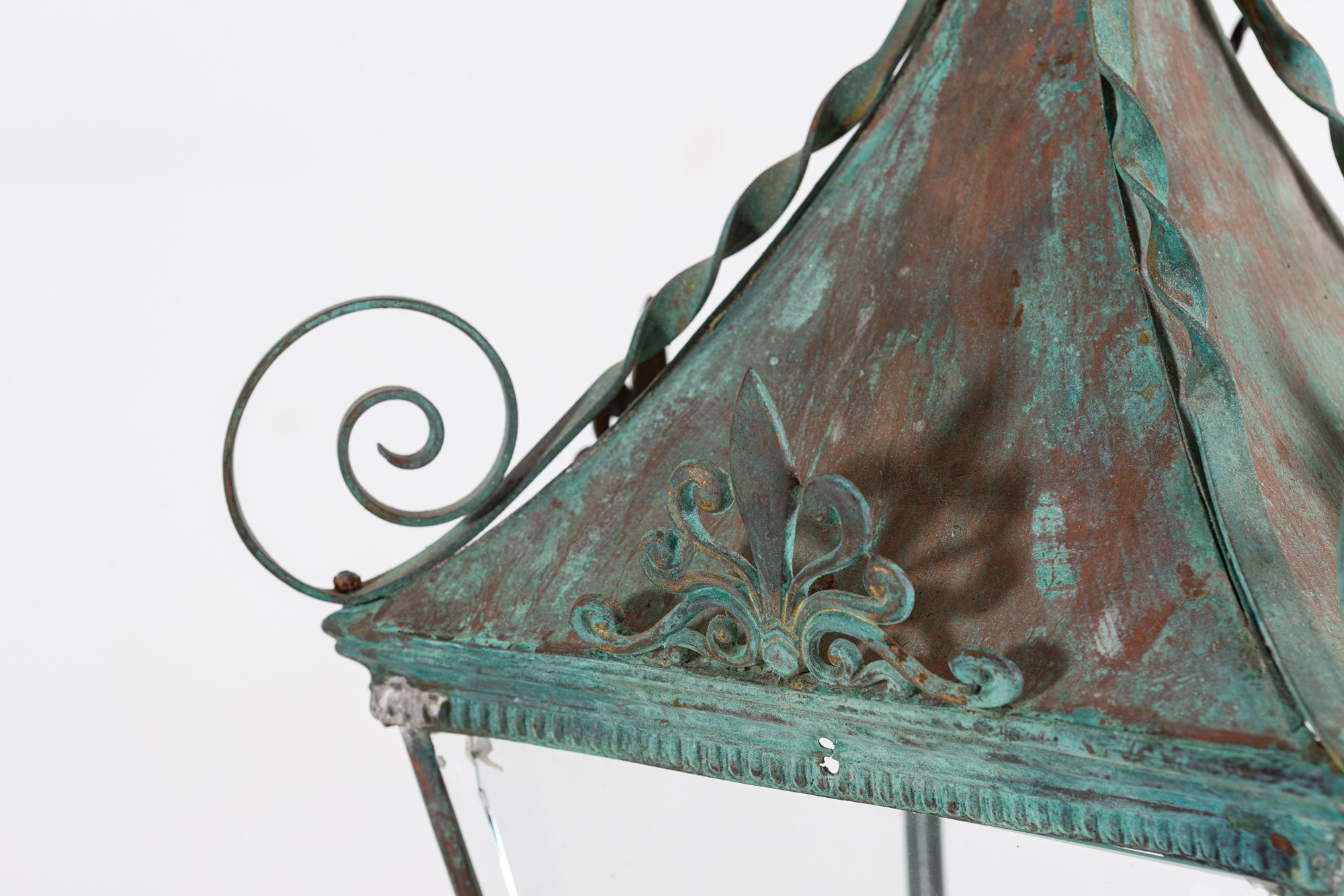 Arts & Crafts Verdigris Brass & Copper Hall Lantern 2