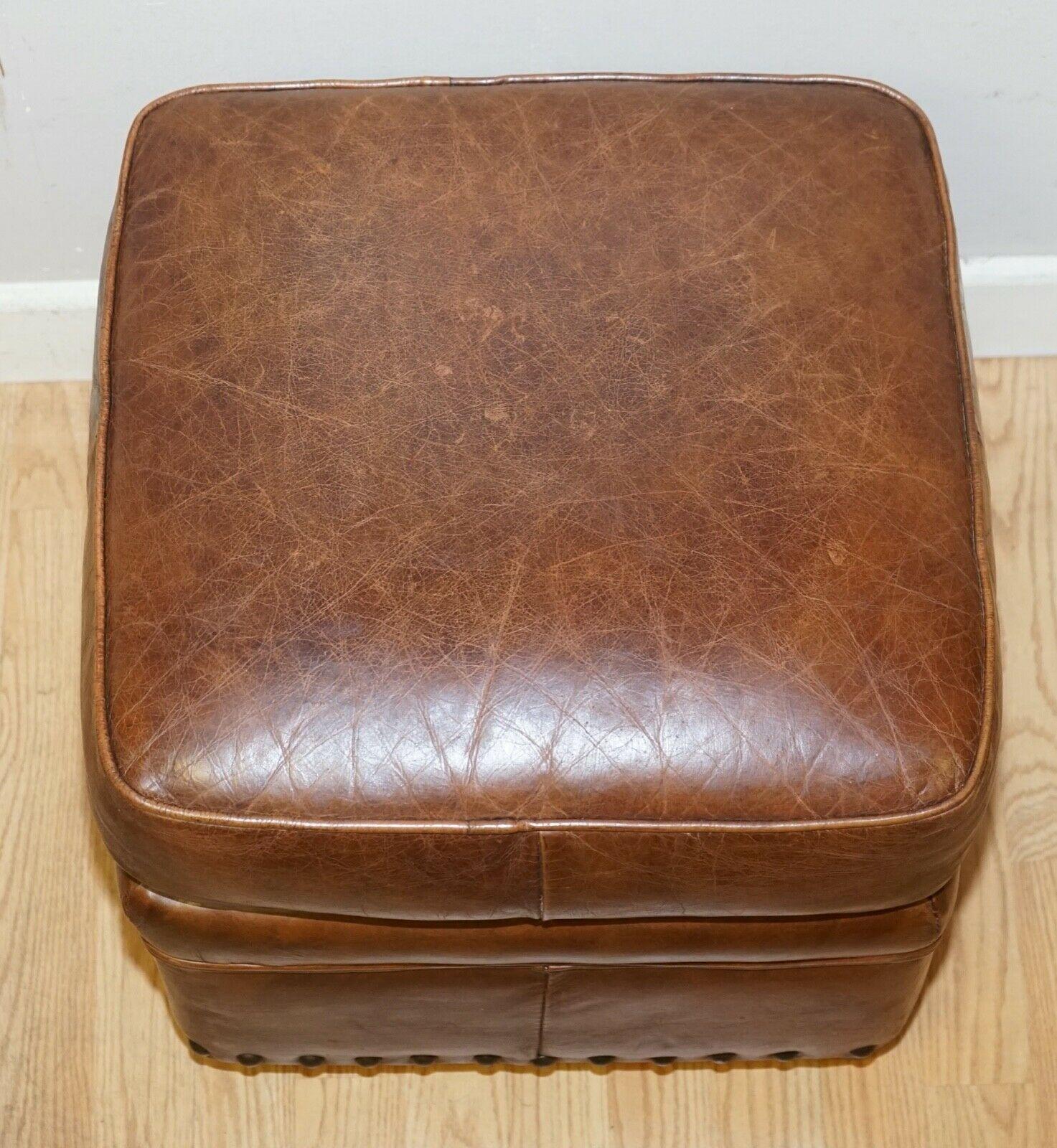 British Artsome Coach House Vintage Brown Leather Footstool with Studs