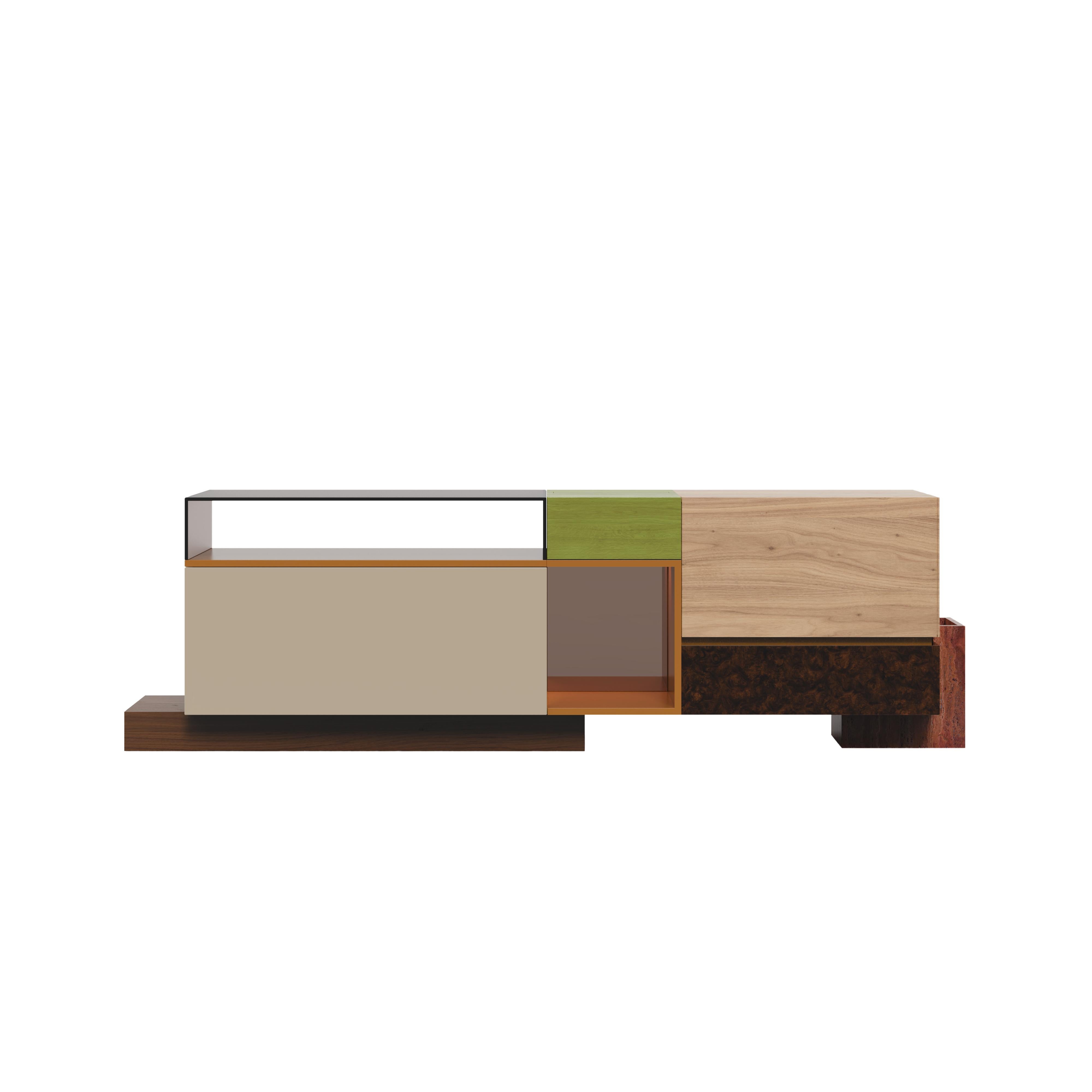 Portoghese Credenza Artsy Module Travertino Bronzo Specchio Ottone Portogallo by Malabar in vendita