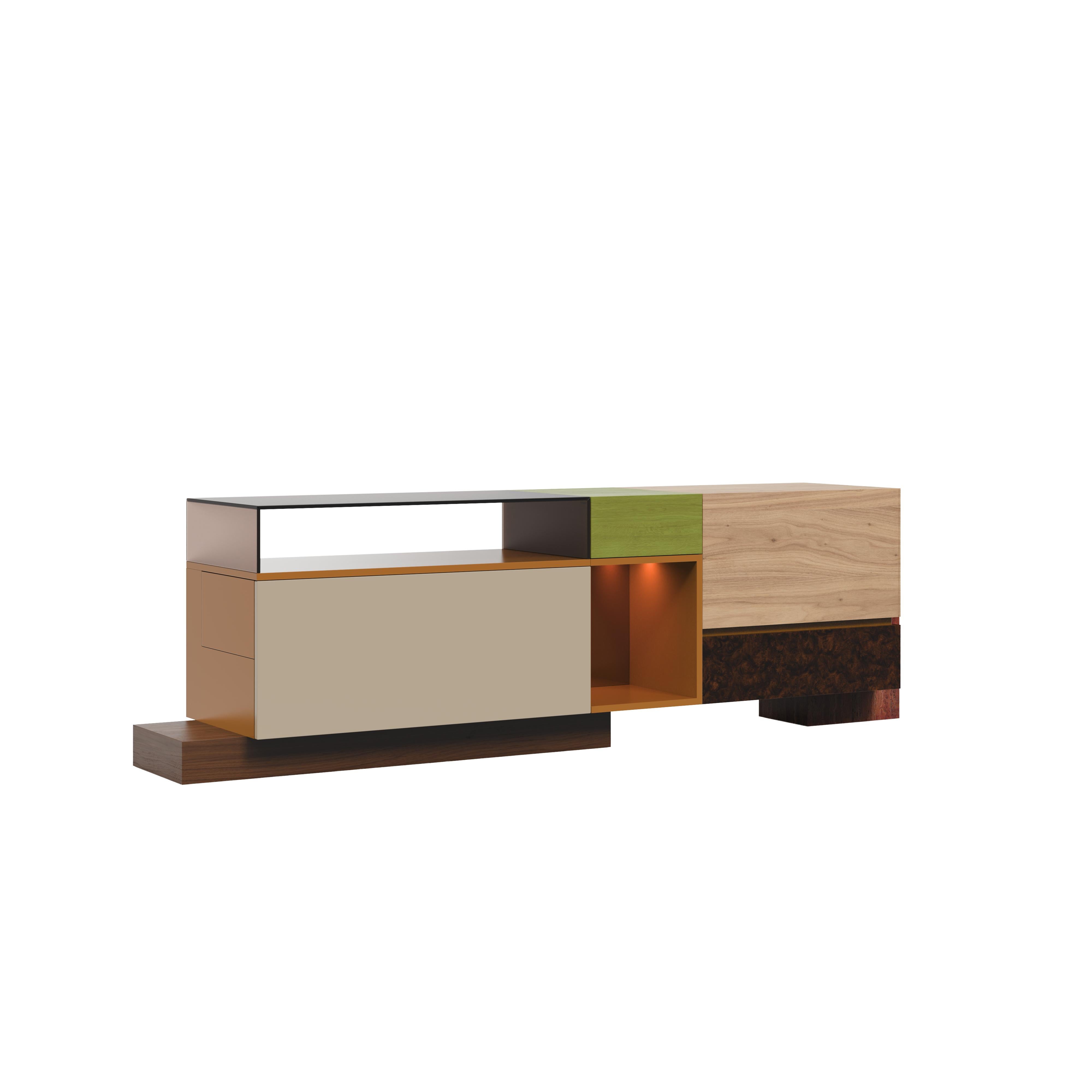 XXI secolo e contemporaneo Credenza Artsy Module Travertino Bronzo Specchio Ottone Portogallo by Malabar in vendita