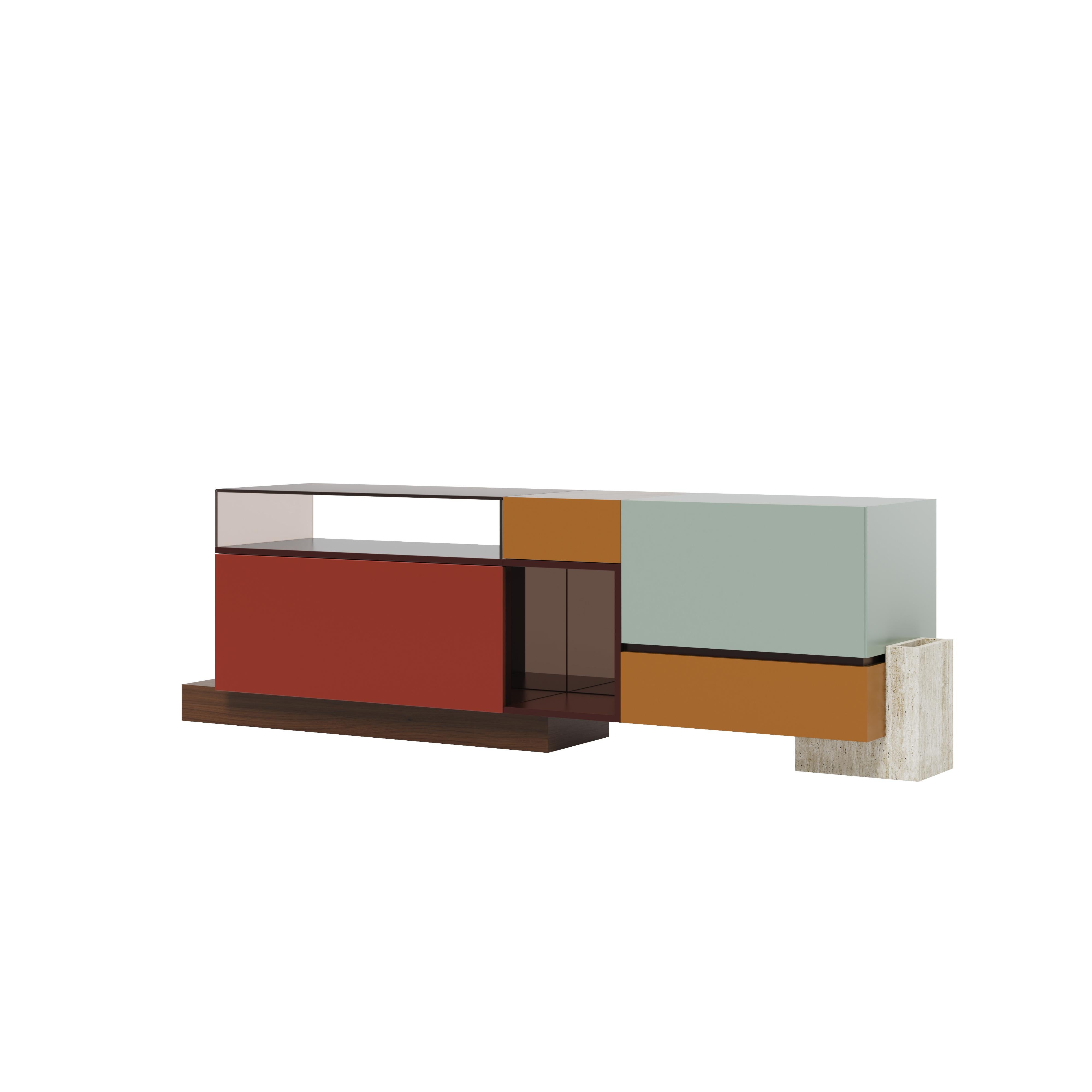 Legno Credenza Artsy Module Travertino Bronzo Specchio Ottone Portogallo by Malabar in vendita