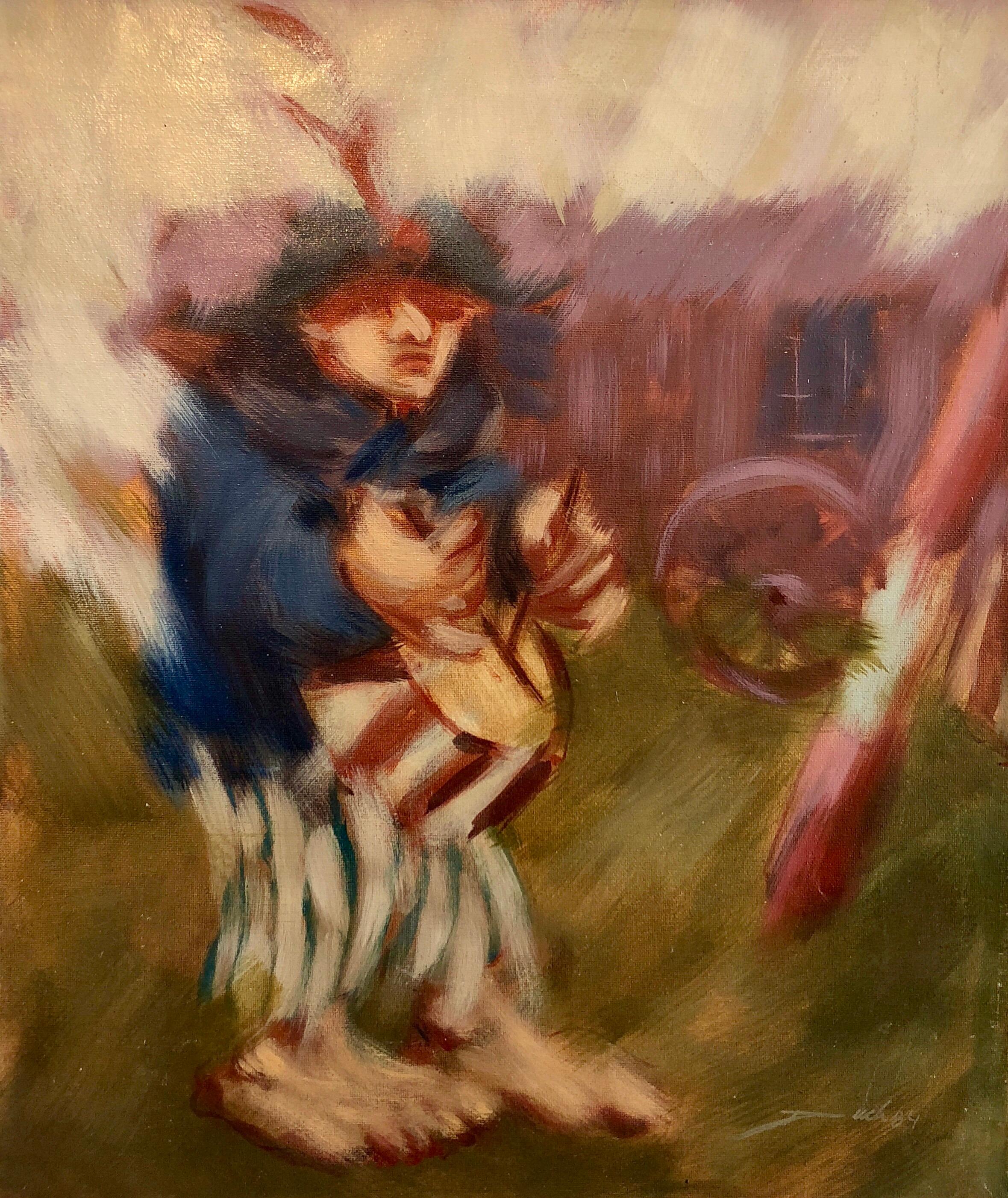 Peinture à l'huile moderniste espagnole d'un garçon tambouriste - Abstraction figurative