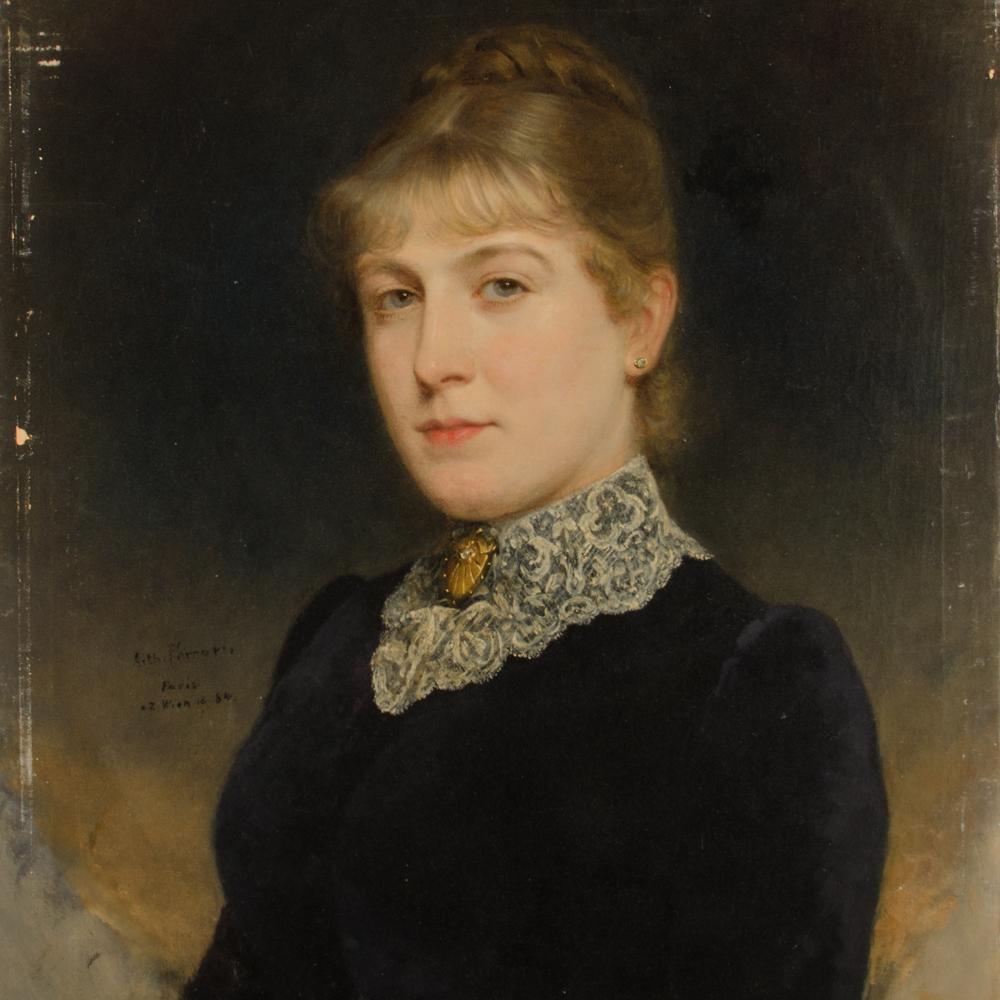 Half portrait of distinguished lady with upswept hair wearing a black dress with white lace collar and gold and pearl earrings and brooch. Signed and dated 