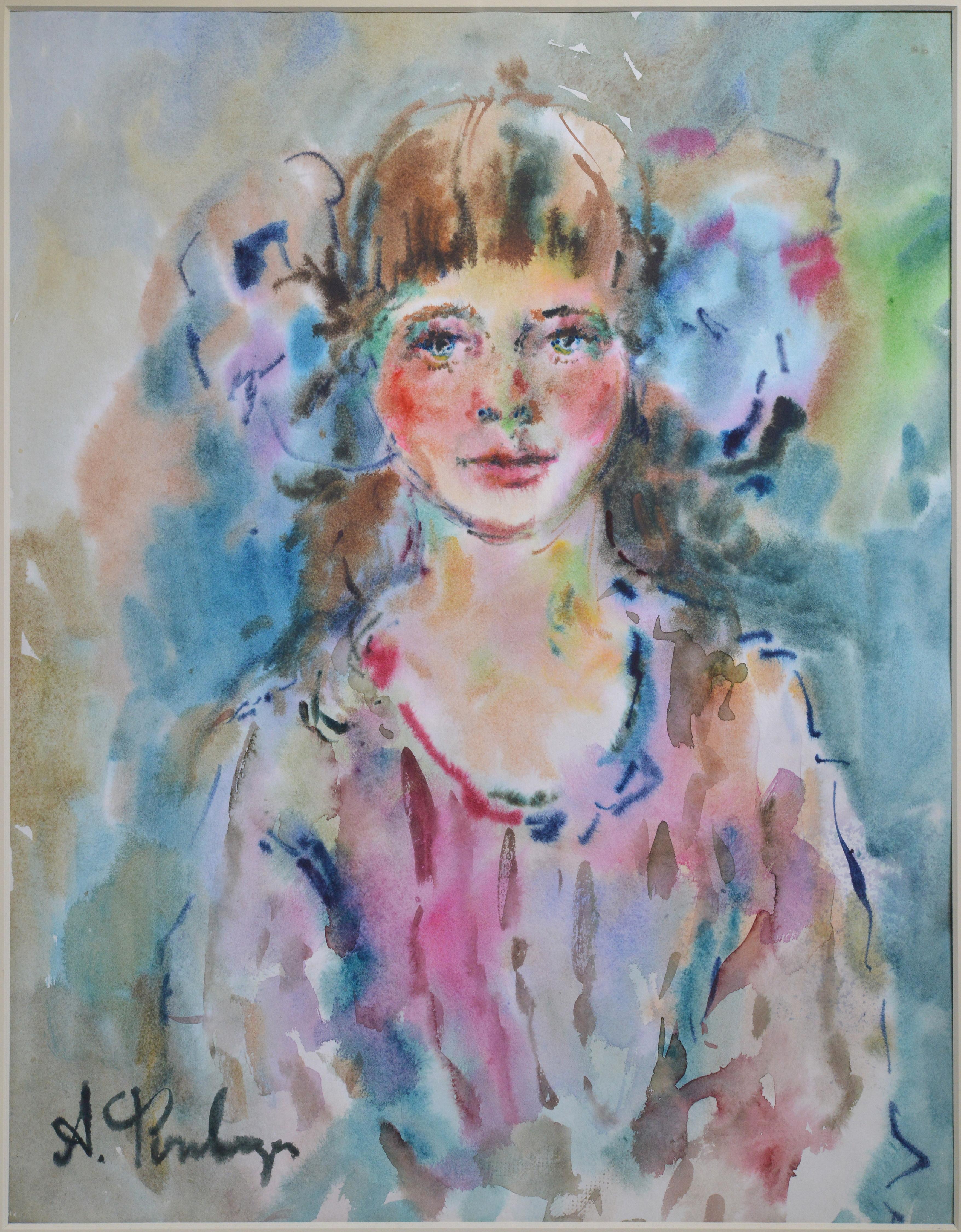 Russian Portrait Flushed girl w Big bows 20th century Watercolor by Fonvizin - Painting by Artur Vladimirovich Fonvizin