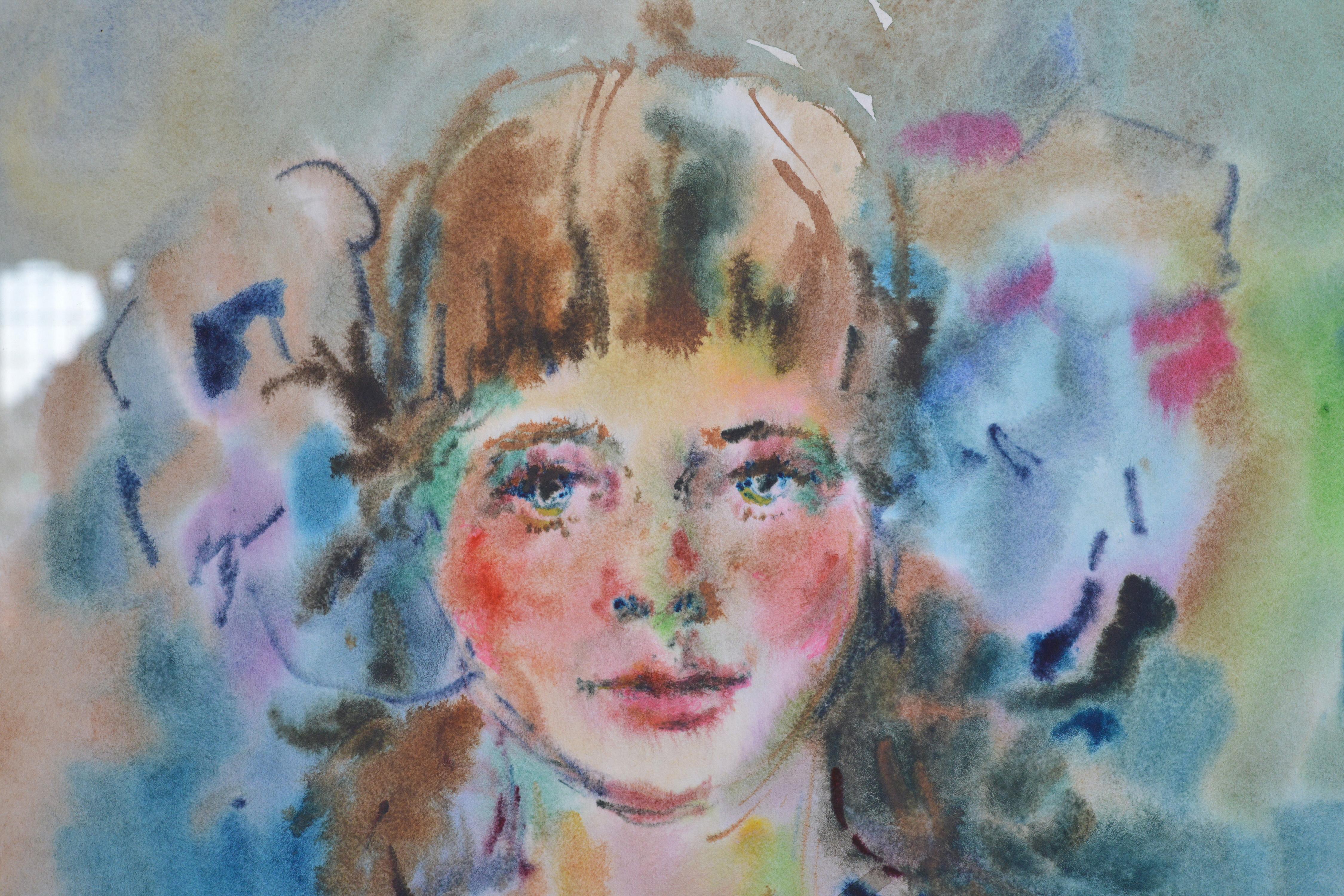 Russian Portrait Flushed girl w Big bows 20th century Watercolor by Fonvizin - Abstract Impressionist Painting by Artur Vladimirovich Fonvizin