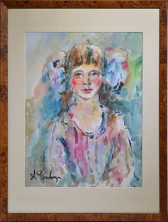 Russian Portrait Flushed girl w Big bows 20th century Watercolor by Fonvizin
