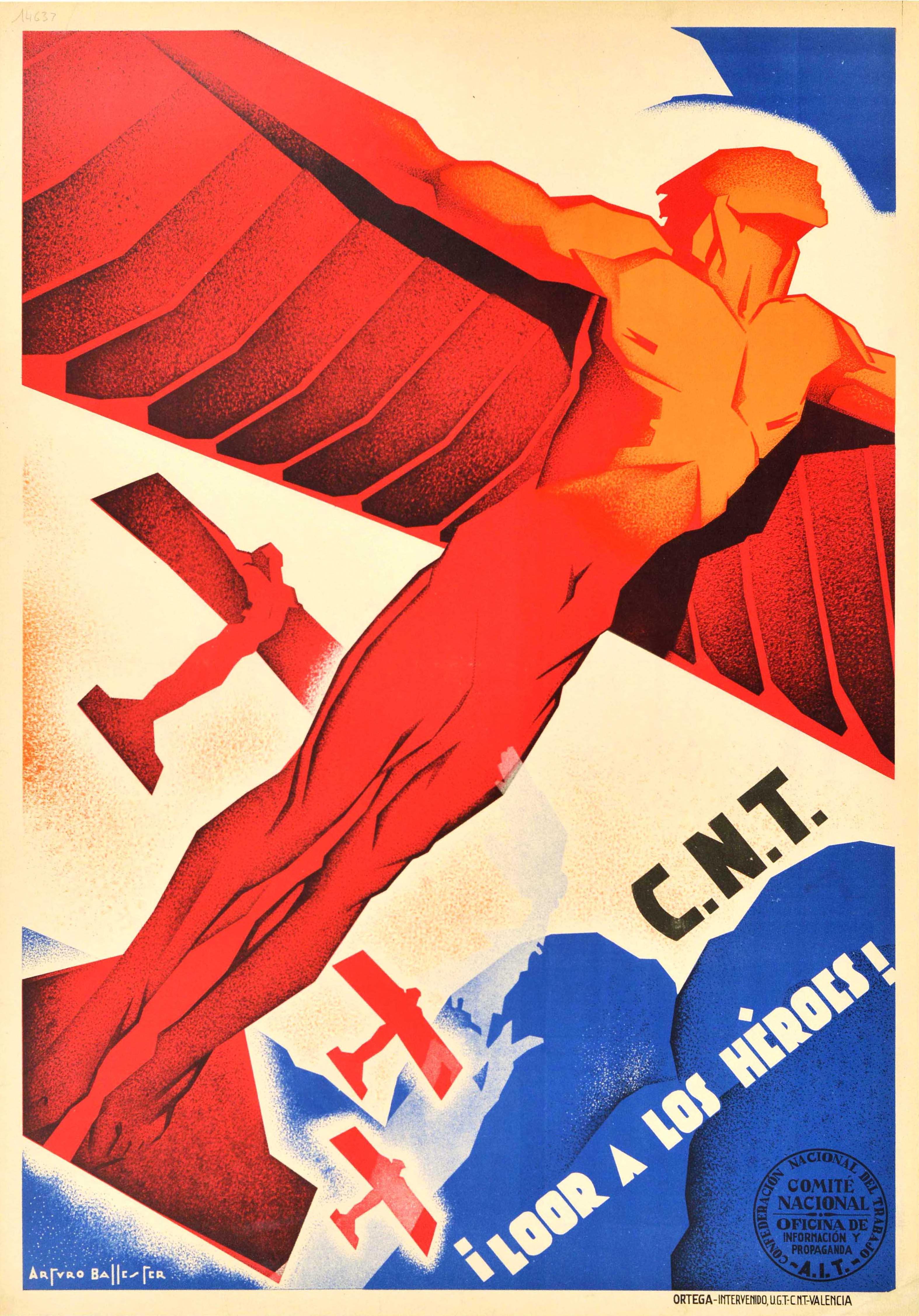 Originales Propagandaplakat aus dem Spanischen Bürgerkrieg - C.N.T Loor a los Heroes! / CNT Ein Hoch auf die Helden! Dynamischer Entwurf des spanischen Künstlers Arturo Ballester Marco (1892-1981), der Männer als Flugzeuge mit Flügeln an den