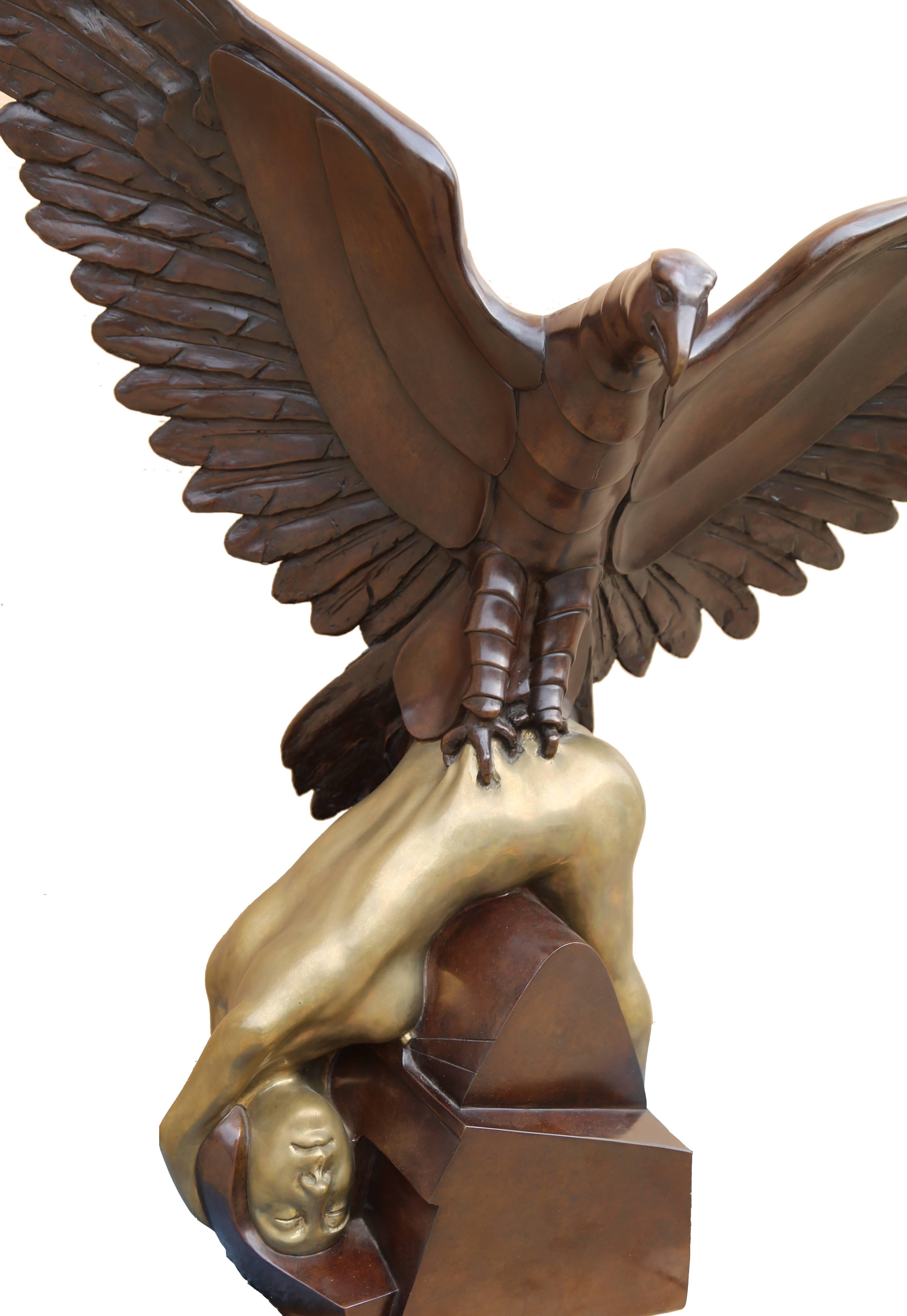 Hawk with Woman - Gold Figurative Sculpture by Arturo Di Modica