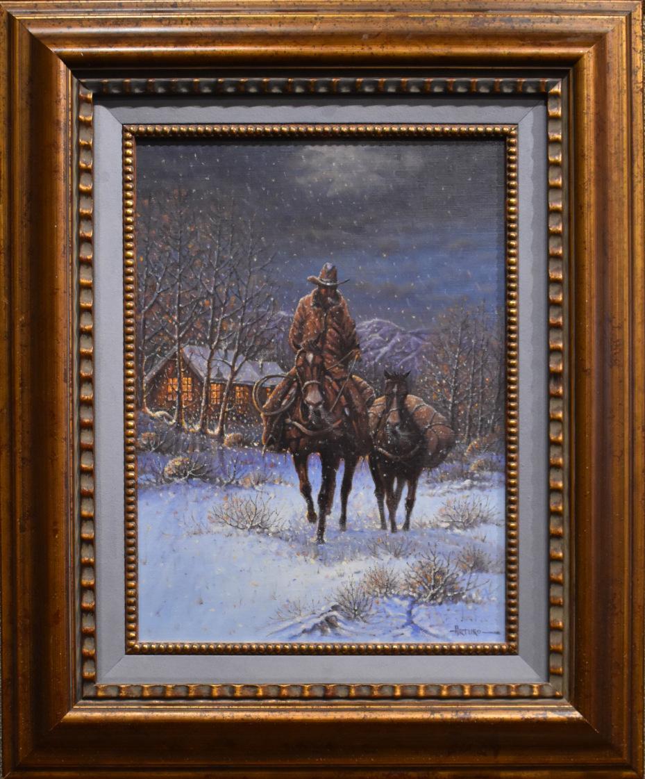Arturo Mercado Landscape Painting - "Early Mornin Snow"  COWBOY, HORSES, CABIN, LIGHT AFTER G. HARVEY  WESTERN
