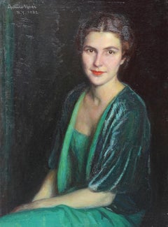 Art Deco Portrait of Woman in Green Dress - Italian 1930's art oil painting
