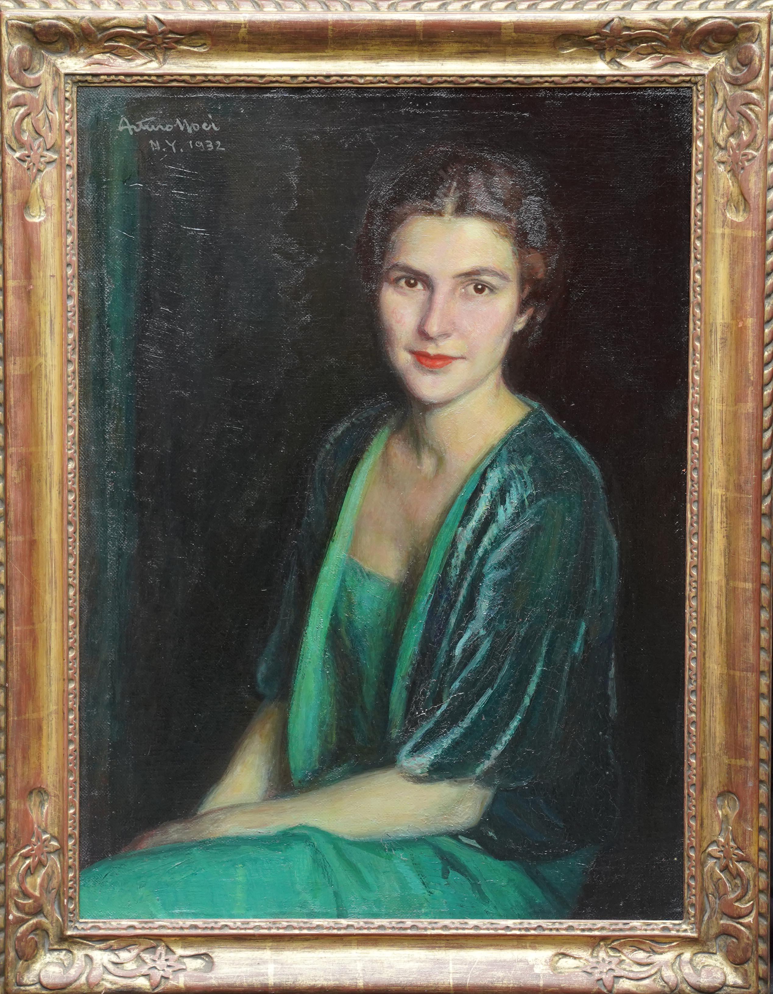 Art Deco Portrait of Woman in Green Dress - Italian 1930's art oil painting