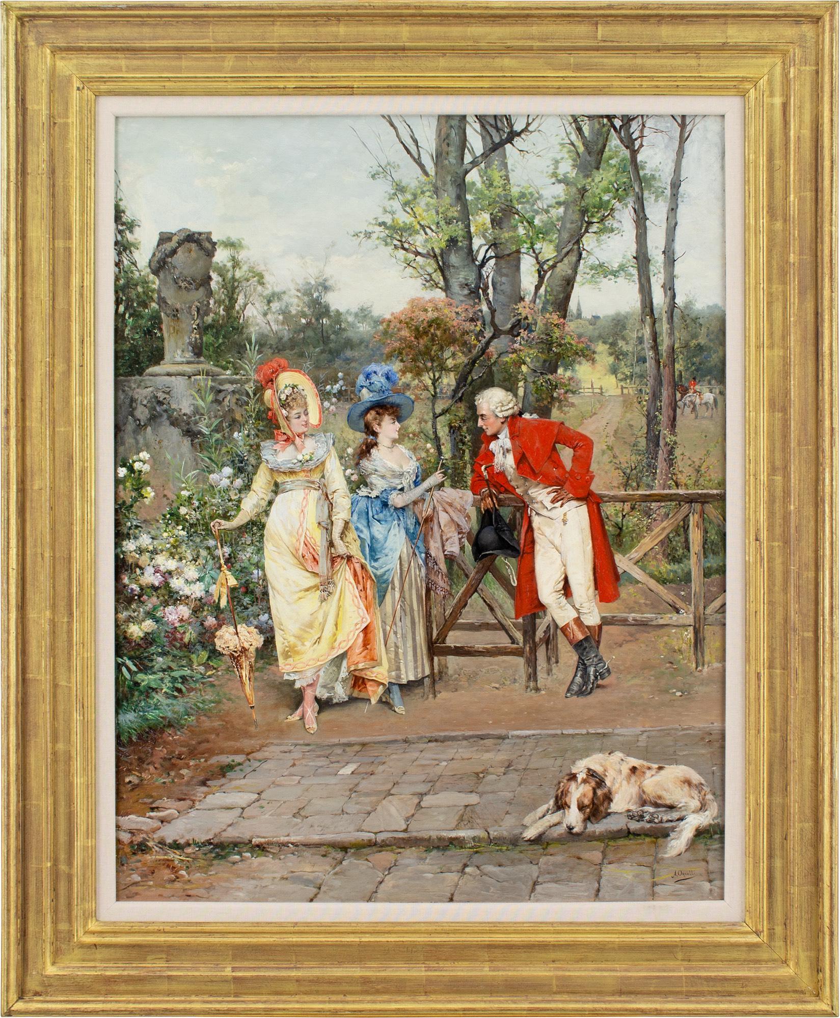 Este encantador óleo de finales del siglo XIX, obra de Arturo Orselli (1880-1896), representa a un cazador vestido de jinete que conversa de forma algo coqueta con dos damas.

Ataviadas con trajes acordes con la suntuosa moda de la década de 1820,