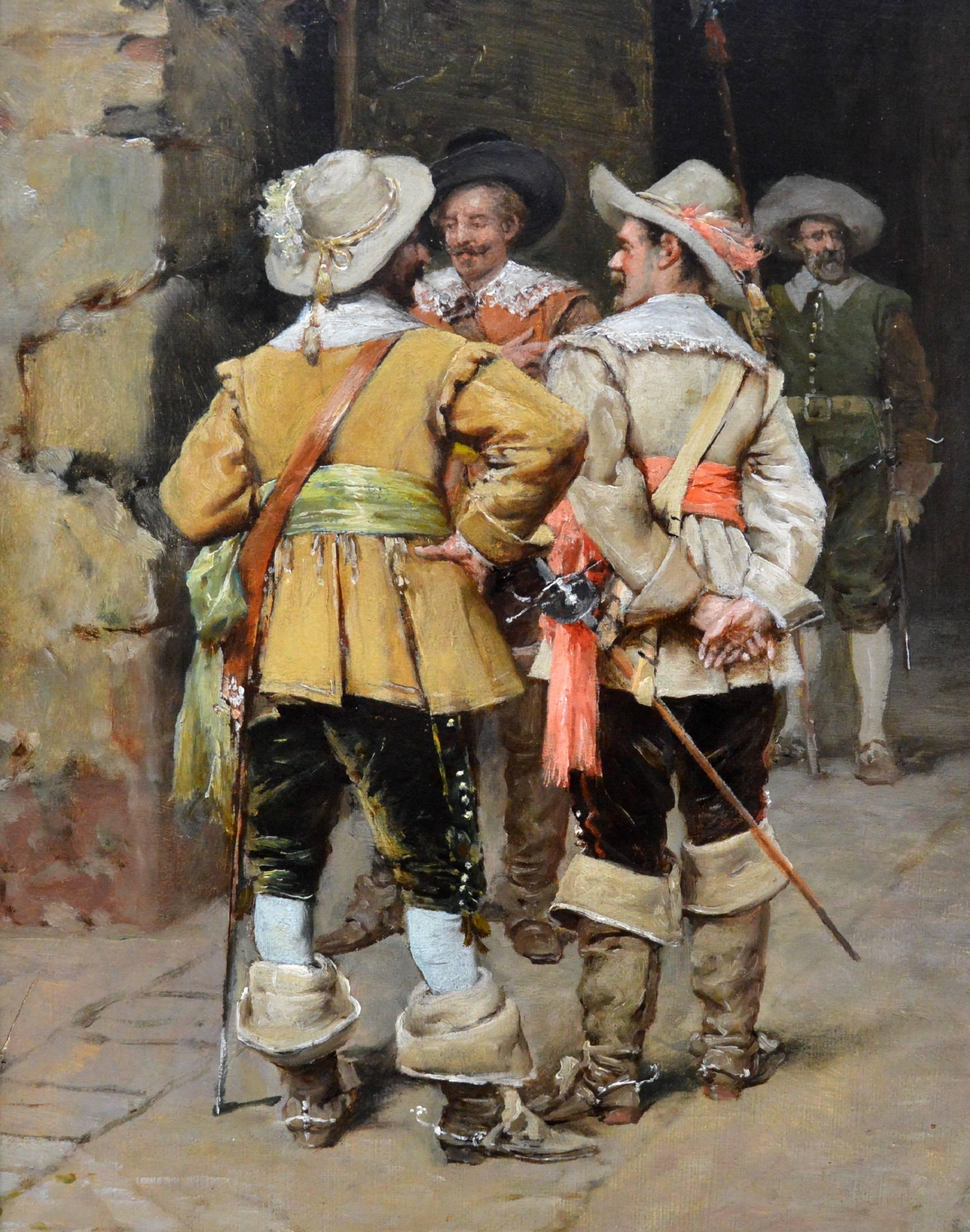 This is a fine 19th century oil on canvas depicting groups of cavaliers engaged in various conversations in a stone courtyard by the eminent Italian painter Arturo Orselli (fl.1880-1900). ‘Il Cavaliere’ is signed by the artist and hangs in a
