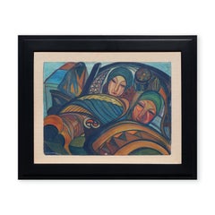 Peinture abstraite moderne d'une scène de moisson figurative aux tons terreux d'inspiration cubiste