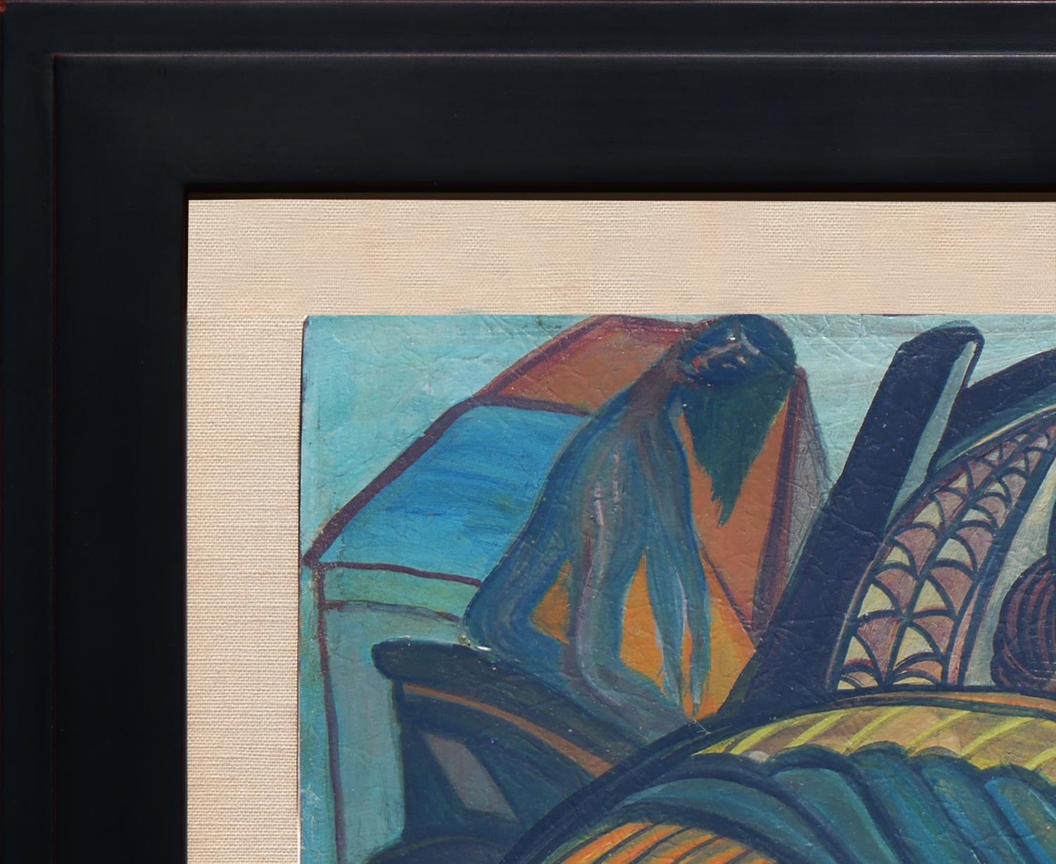 Modernes geometrisches figuratives Gemälde mit von Pablo Picasso inspirierten Gesichtern inmitten stark abstrahierter Erntebilder. Das Werk, das an einen kubistischen Abstraktionsstil erinnert, ist wahrscheinlich südamerikanischen Ursprungs. Vorne