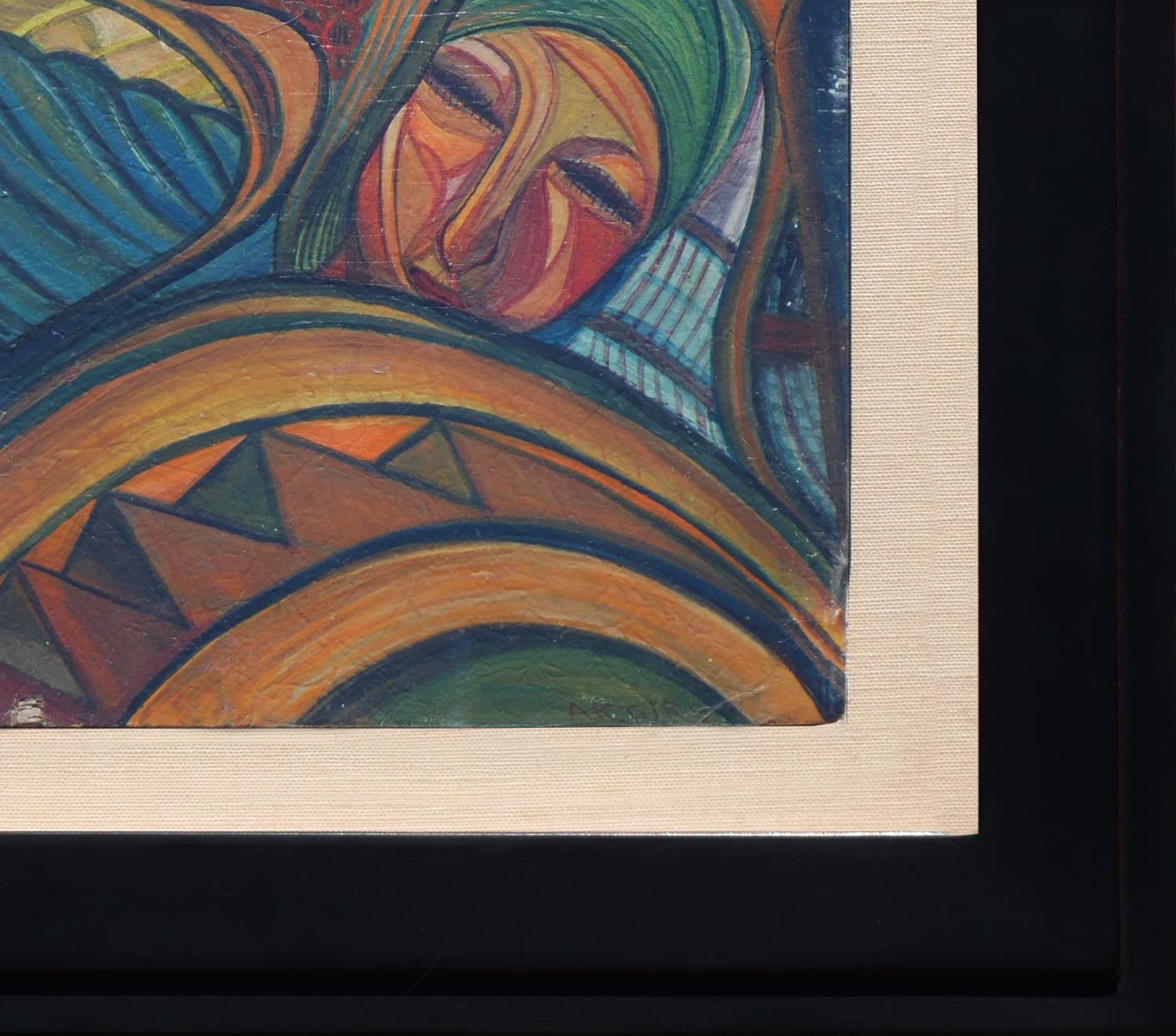Modernes abstraktes, kubistisches Gemälde mit Erdtönen, inspiriert von der Ernteszene im Angebot 3