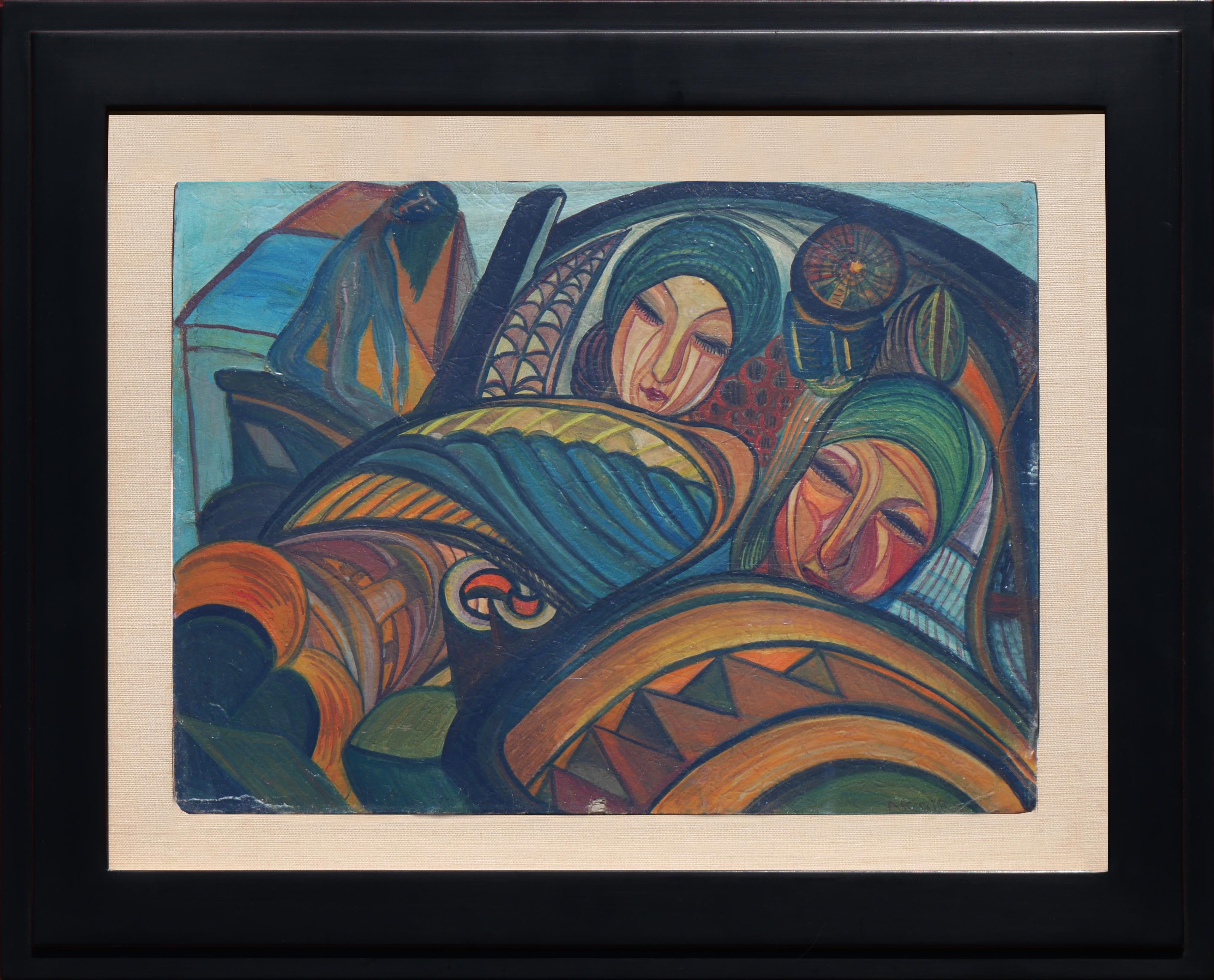 Arturo Abstract Painting - Modern Abstract Earth Toned Cubist Inspired Figurative Harvest Scene Painting
