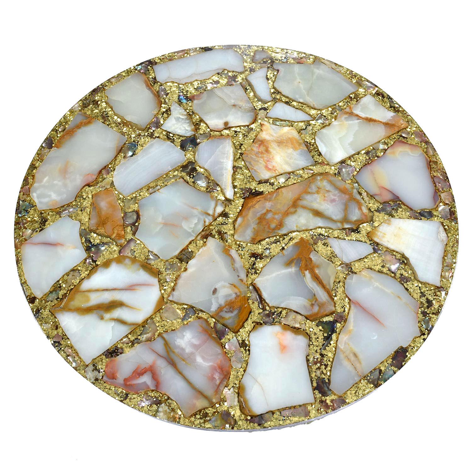 Spectacular round gold glitter and abalone pedestal end table by Arturo Pani. The table features cross sections of cream and copper colored onyx stone floating in a sea of gold glitter and abalone shells cast in resin. Place your face close to the