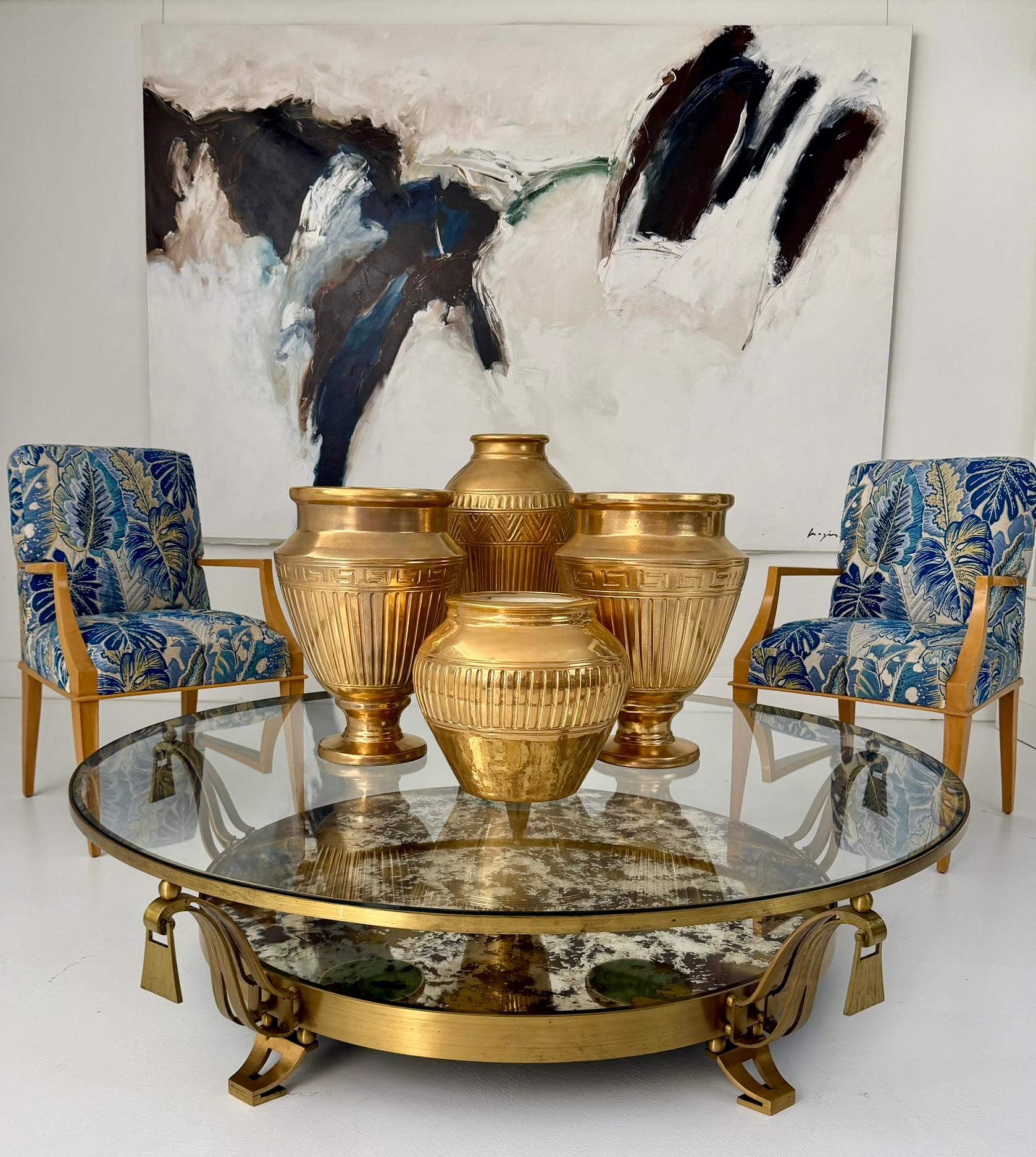 Arturo Pani Brass and Glass Circular Cocktail Table with Antiqued Mirror Shelf For Sale 3