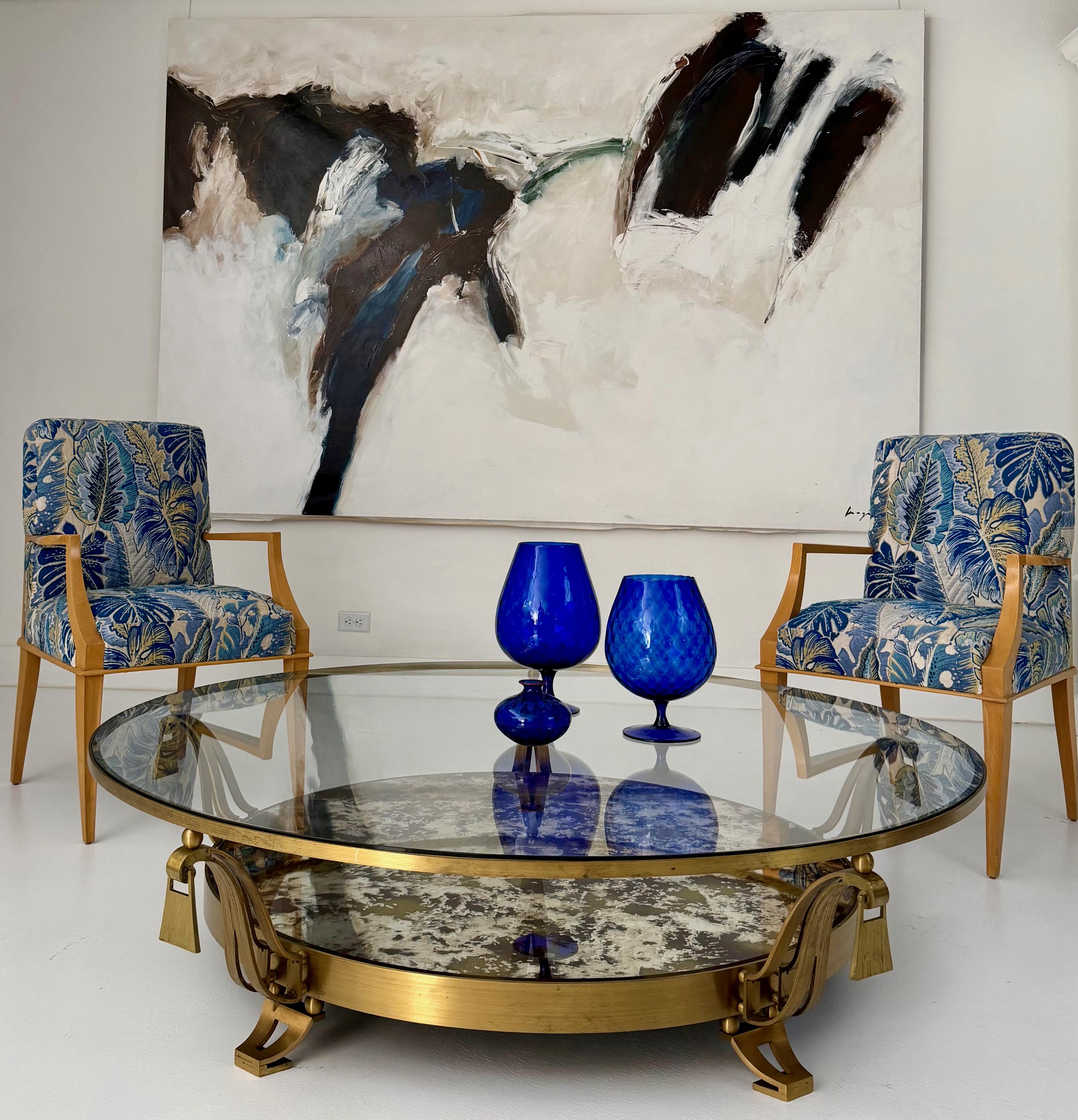 Arturo Pani Brass and Glass Circular Cocktail Table with Antiqued Mirror Shelf For Sale 4