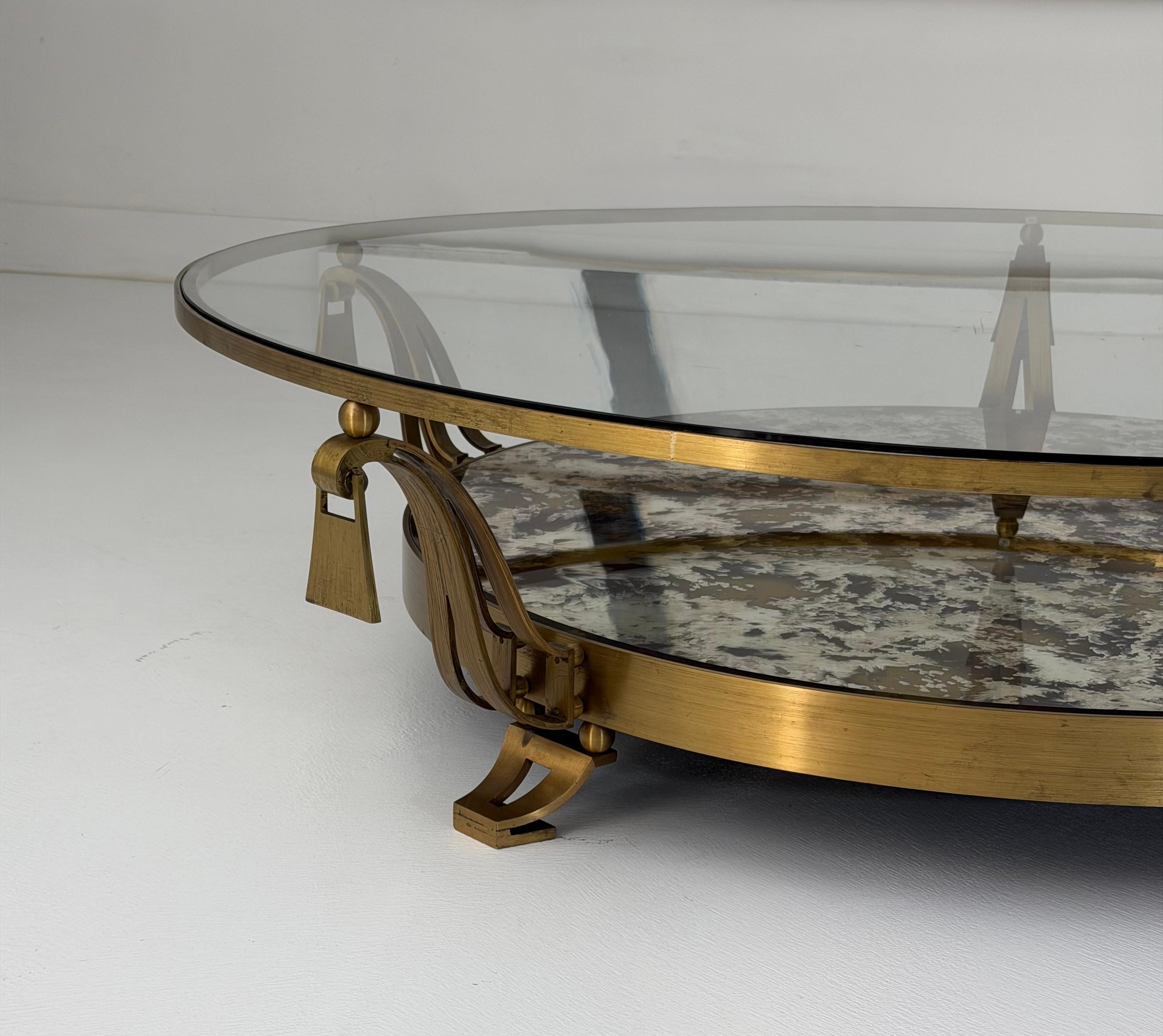 Mid-Century Modern Arturo Pani Brass and Glass Circular Cocktail Table with Antiqued Mirror Shelf For Sale