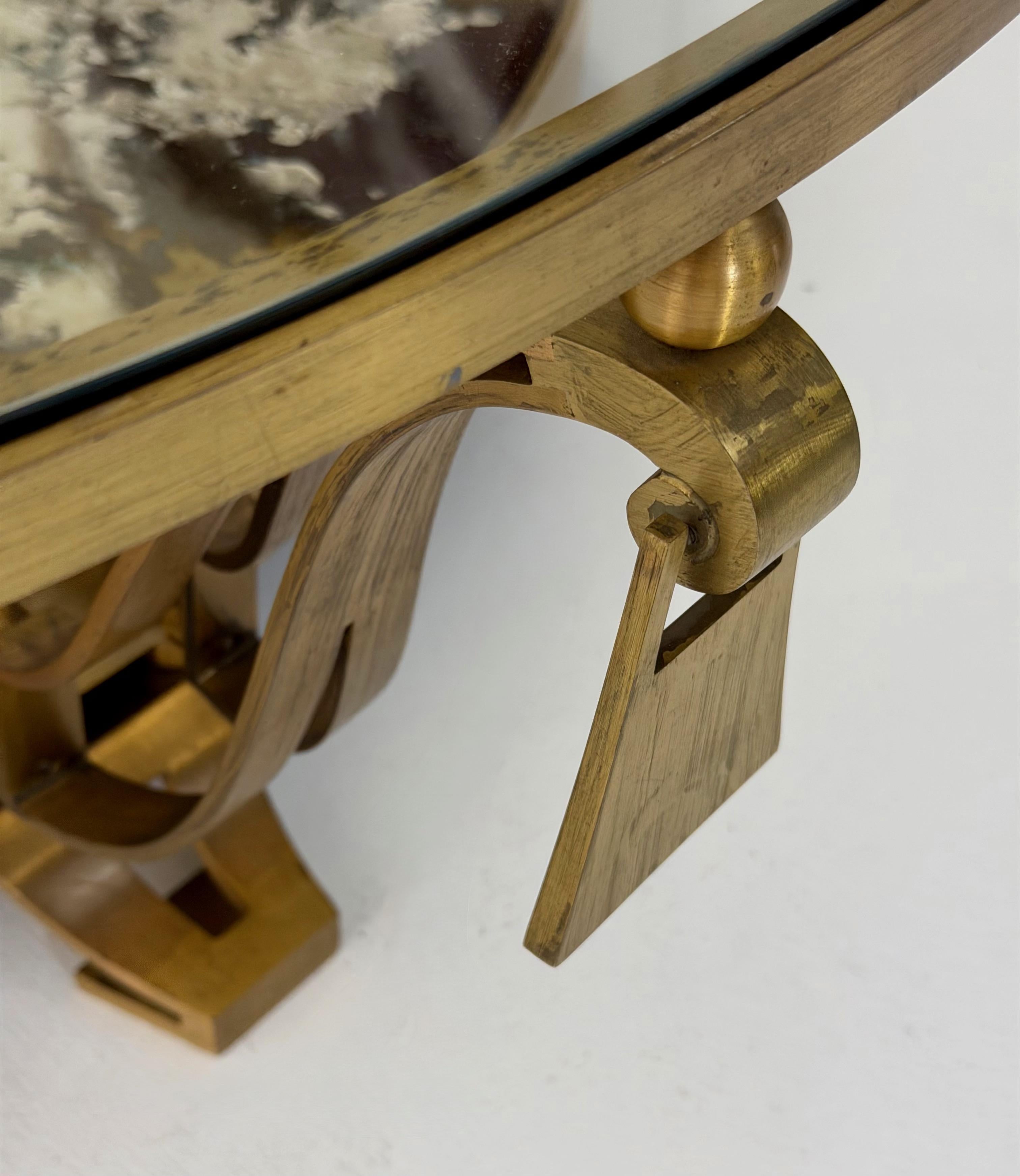 Mexican Arturo Pani Brass and Glass Circular Cocktail Table with Antiqued Mirror Shelf For Sale