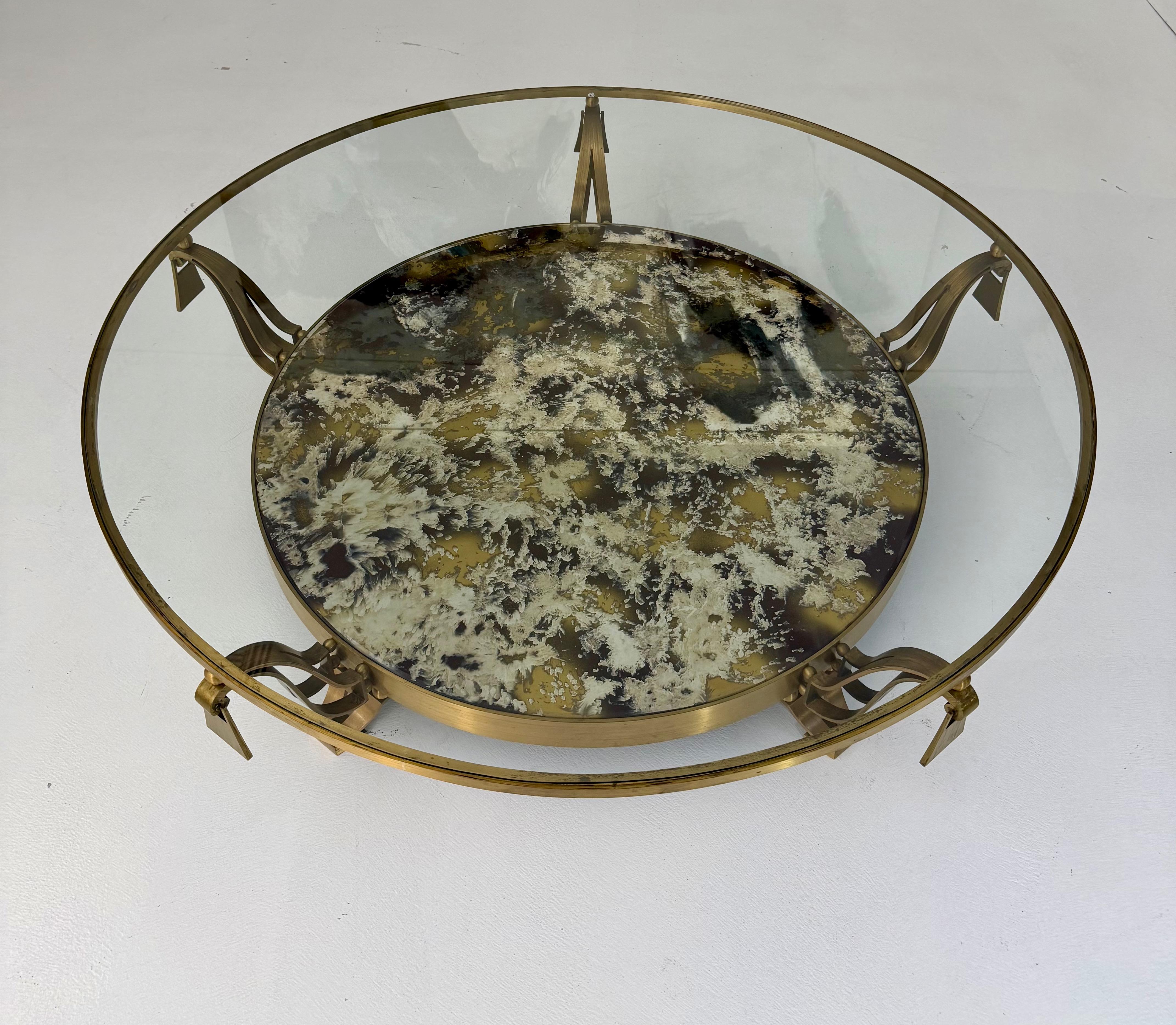 Arturo Pani Brass and Glass Circular Cocktail Table with Antiqued Mirror Shelf In Good Condition For Sale In Palm Desert, CA