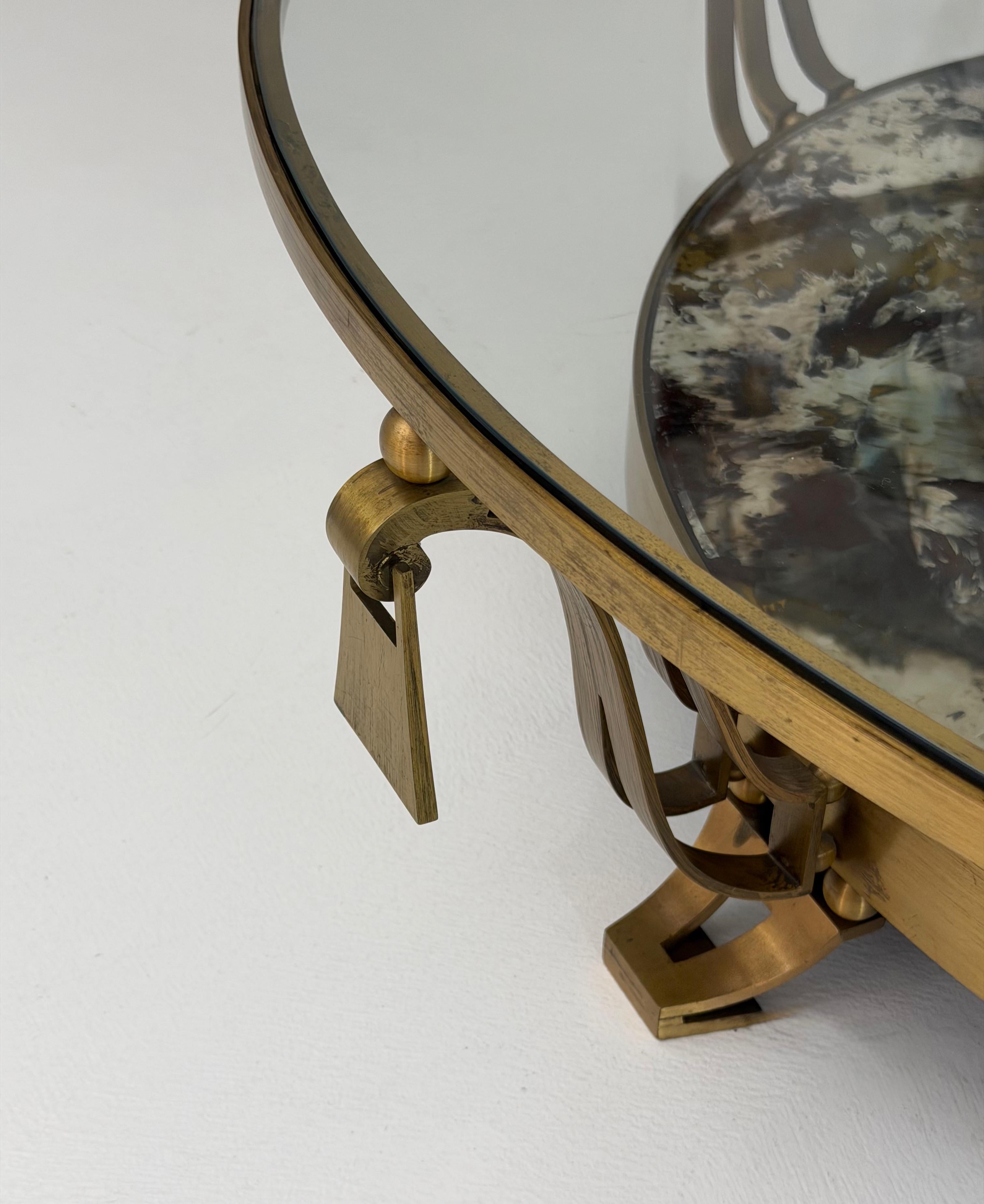 Mid-20th Century Arturo Pani Brass and Glass Circular Cocktail Table with Antiqued Mirror Shelf For Sale