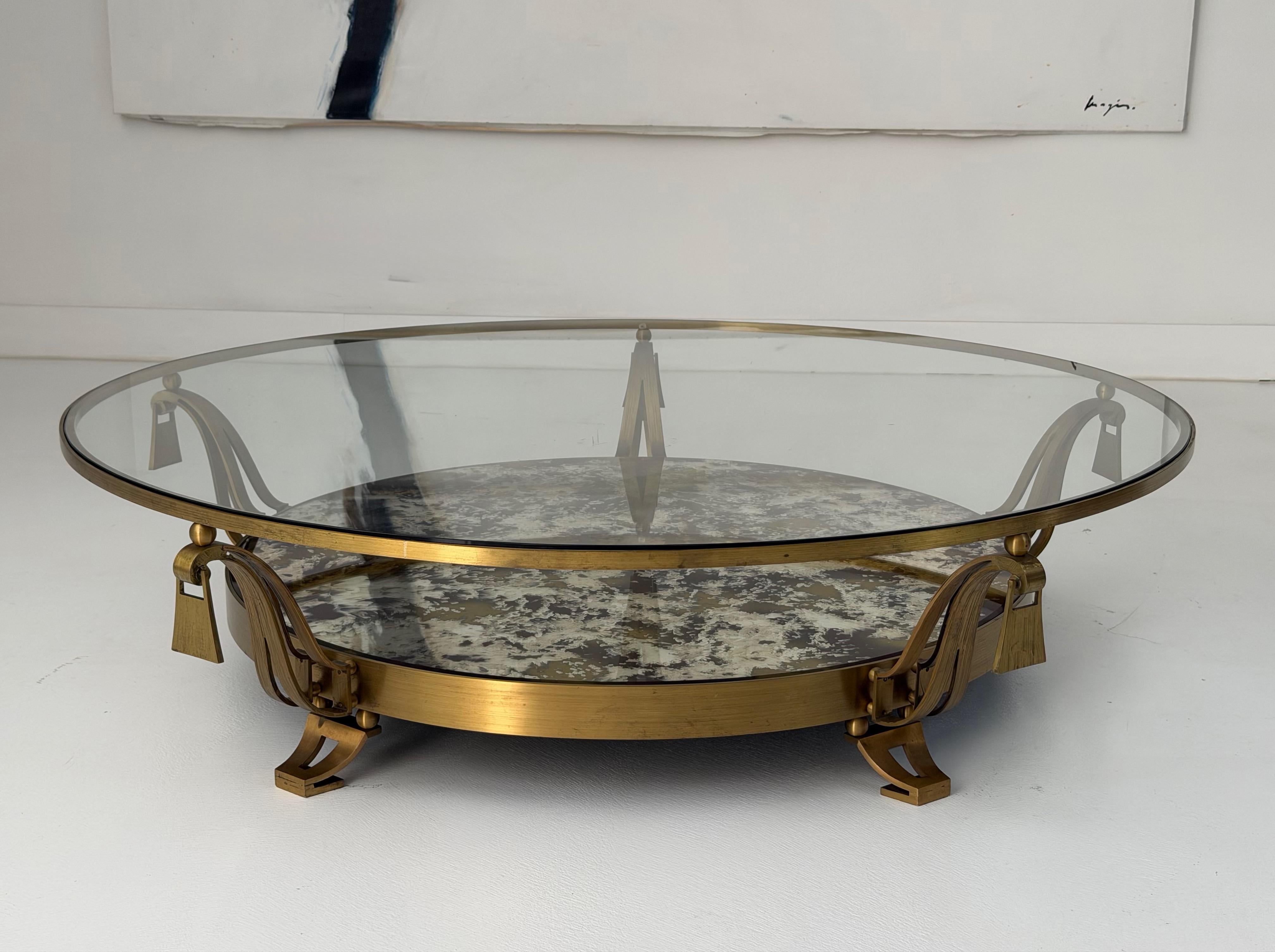 Arturo Pani Brass and Glass Circular Cocktail Table with Antiqued Mirror Shelf For Sale 1