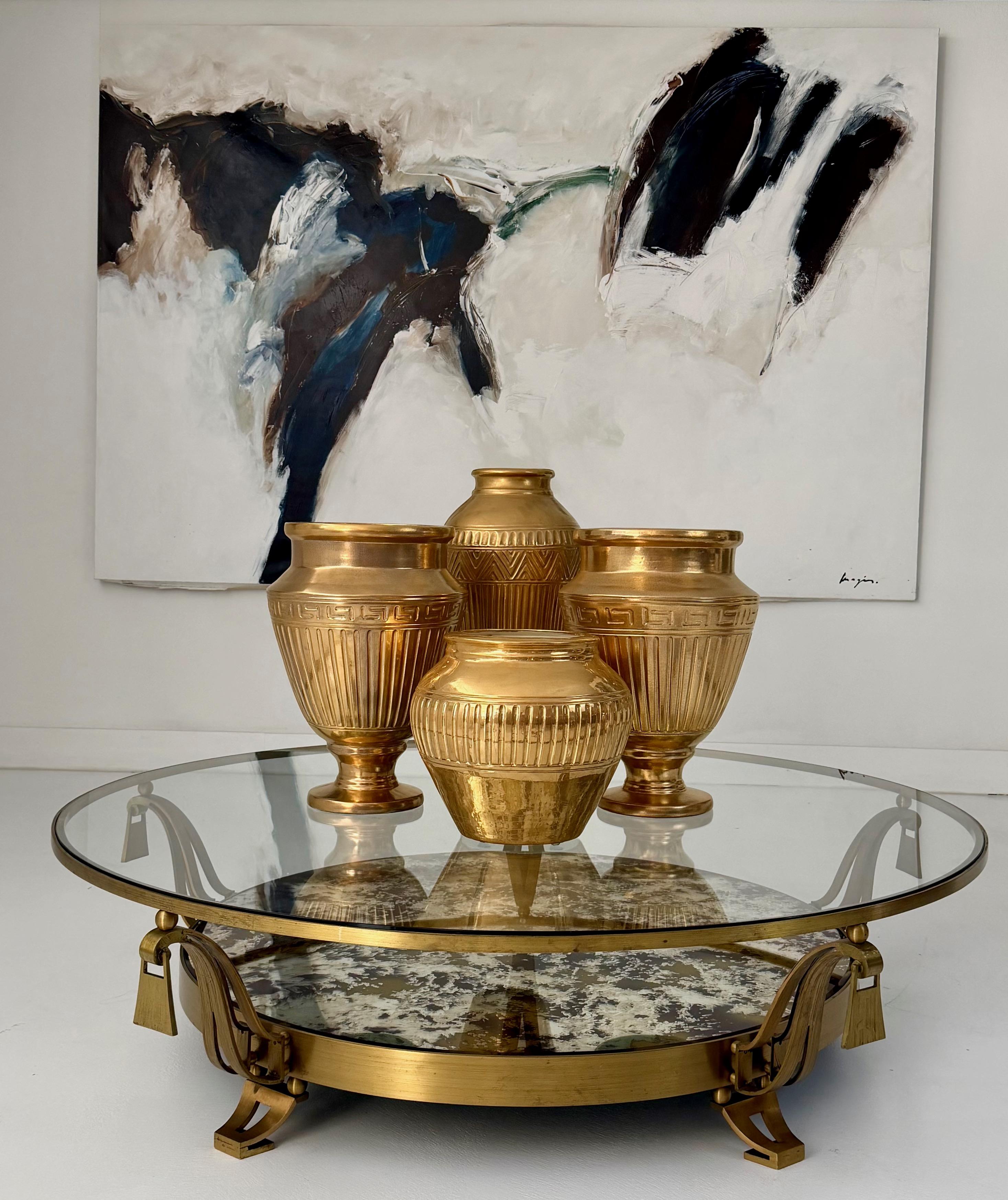 Arturo Pani Brass and Glass Circular Cocktail Table with Antiqued Mirror Shelf For Sale 2