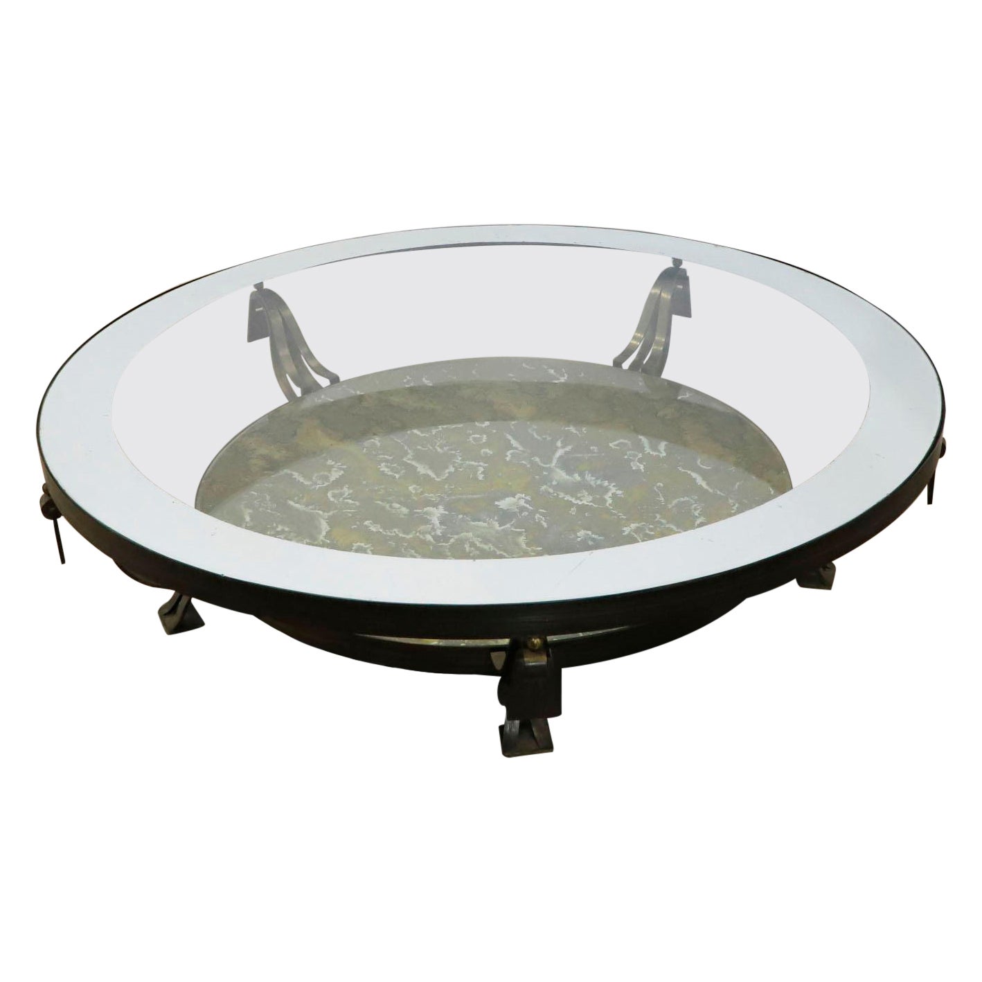 Arturo Pani Brass and Glass Circular Table with Antiqued Mirror Shelf