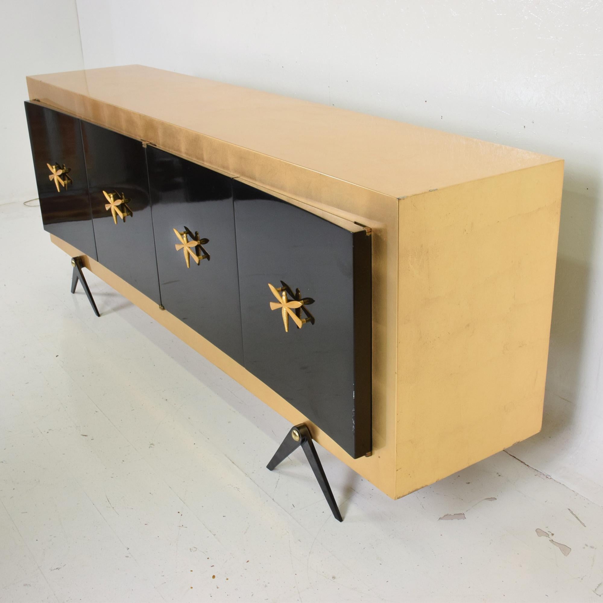 Mid-Century Modern 1950s Arturo Pani Black Lacquer and Gold Leaf Dragonfly Credenza