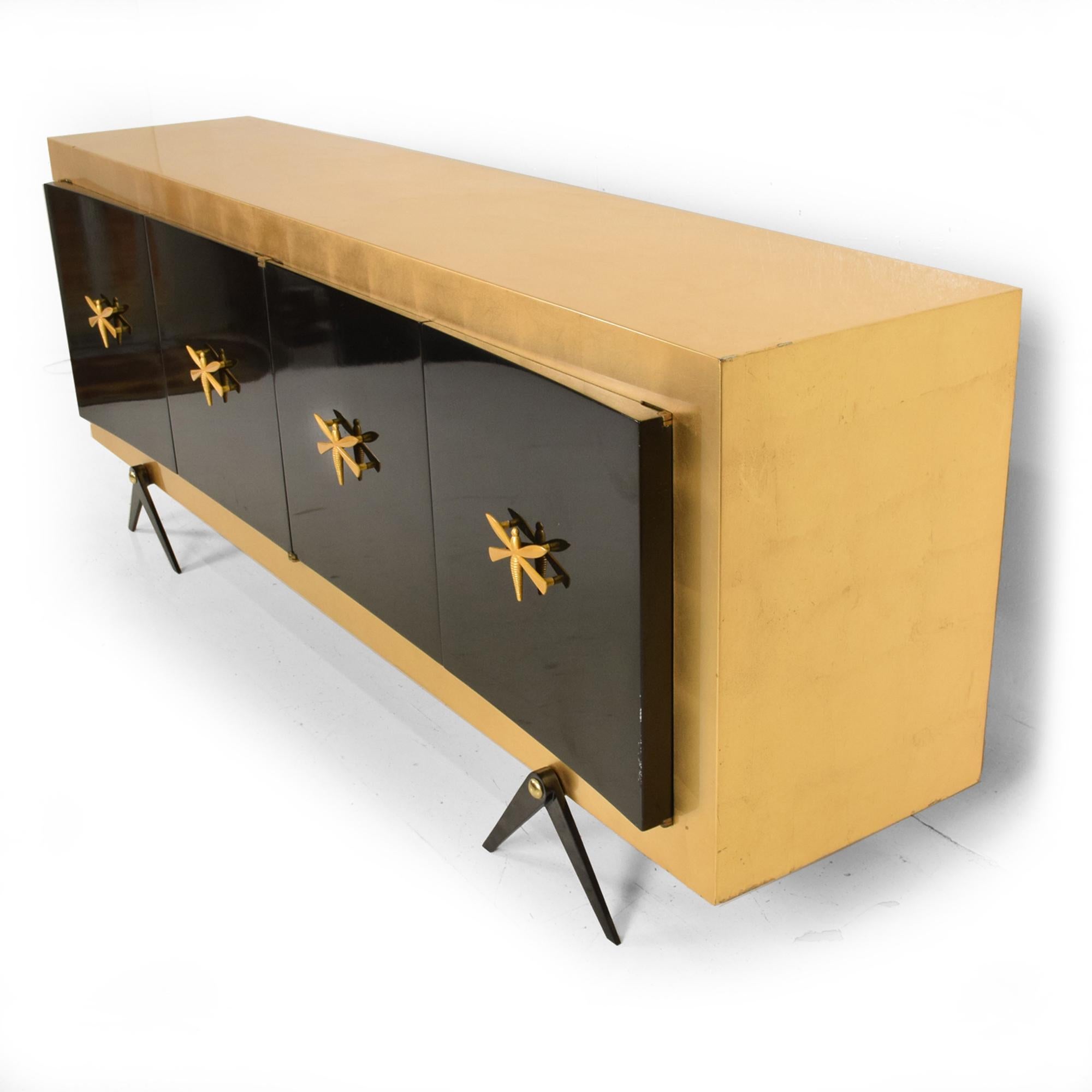 Mexican 1950s Arturo Pani Black Lacquer and Gold Leaf Dragonfly Credenza