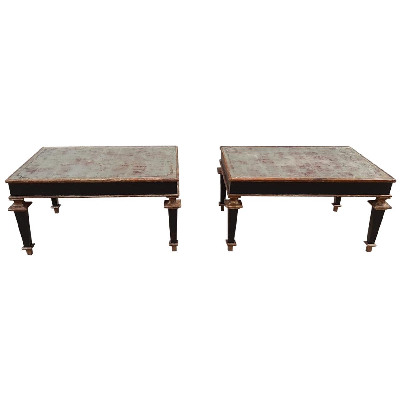 Arturo Pani Mexican MCM Pair of Mahogany Side Tables with Silver Leaf Top For Sale