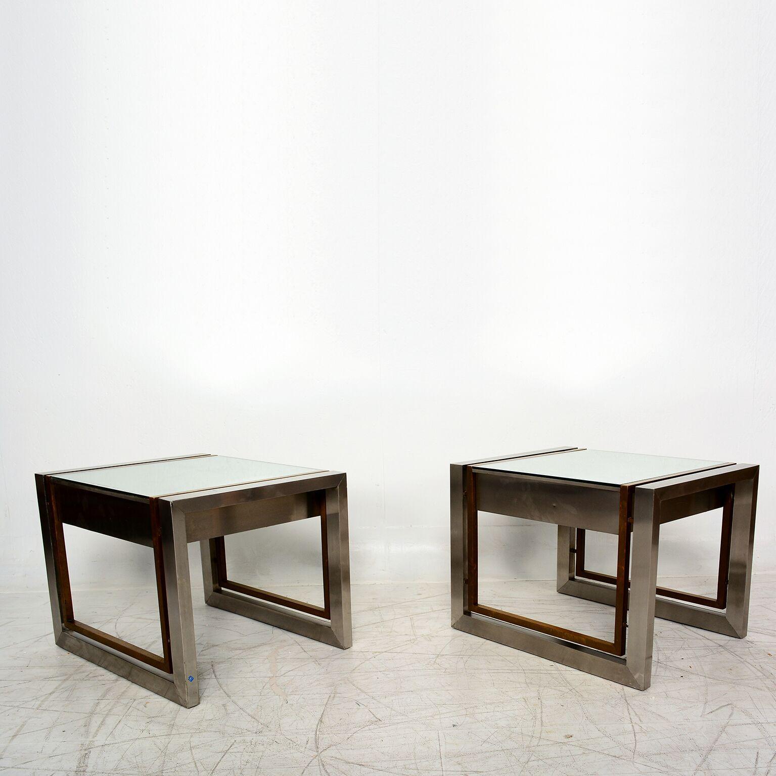 Mid-Century Modern 1960s Arturo Pani Cube Side Tables Stainless Steel & Brass Mexico