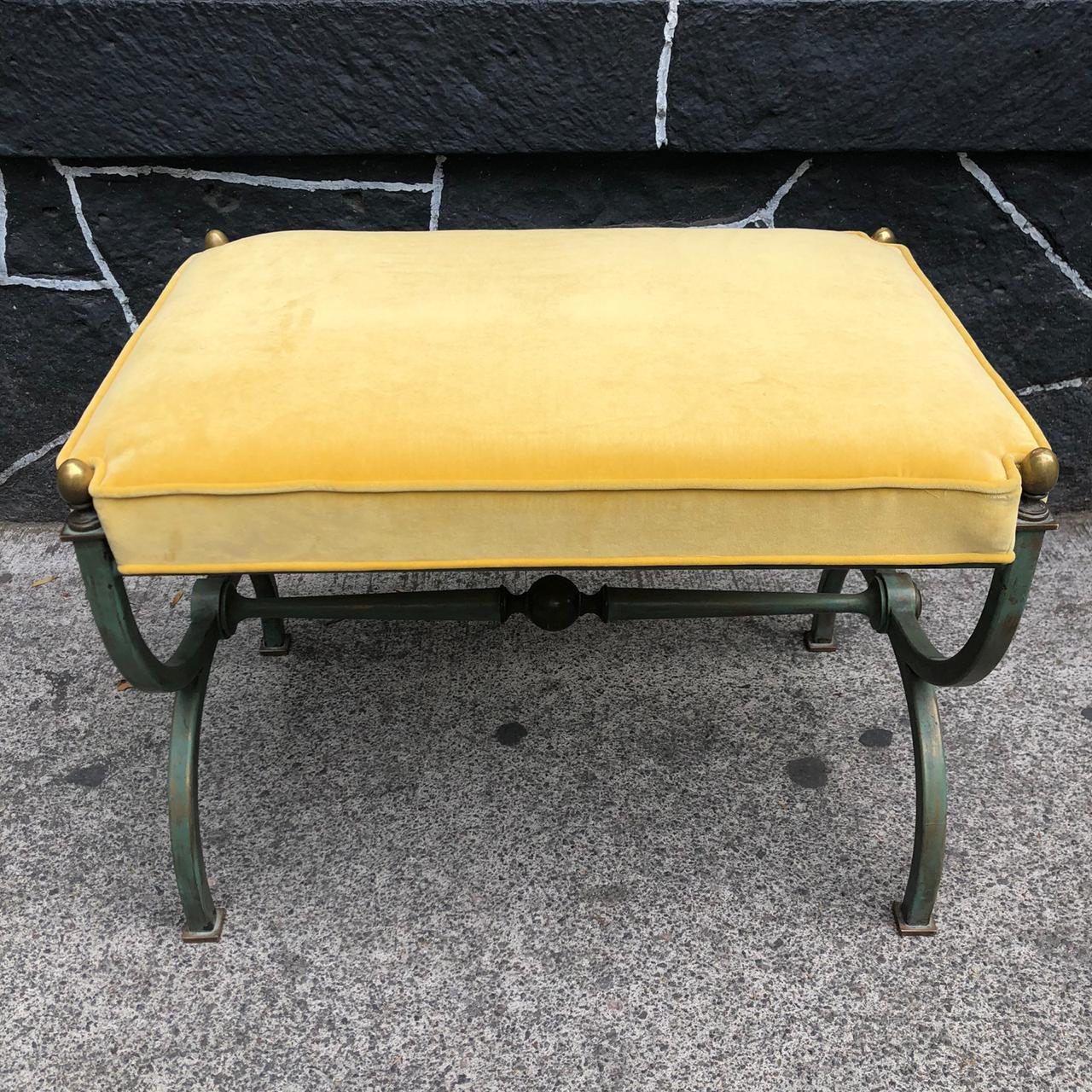 Brass Arturo Pani Patinated Steel Stool with Yellow Upholstery