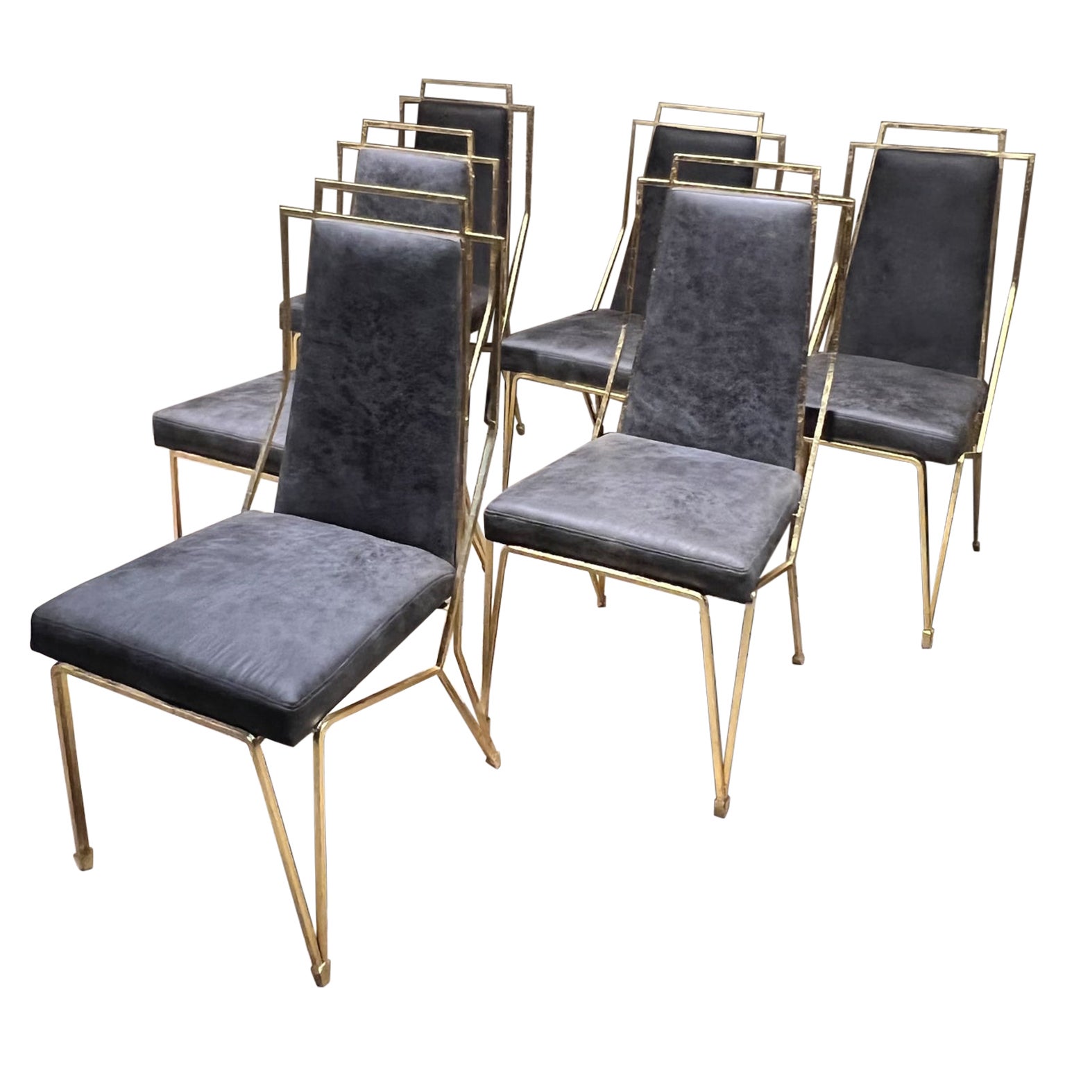 1950 Arturo Pani Modernismo messicano Squisito set di sei sedie da pranzo in foglia d'oro in grigio ricco, Città del Messico 
Non segnato. 
Misure: 36 altezza x 22,75 profondità x 17,5 larghezza Sedile 18,5 altezza
Condizioni originali d'epoca