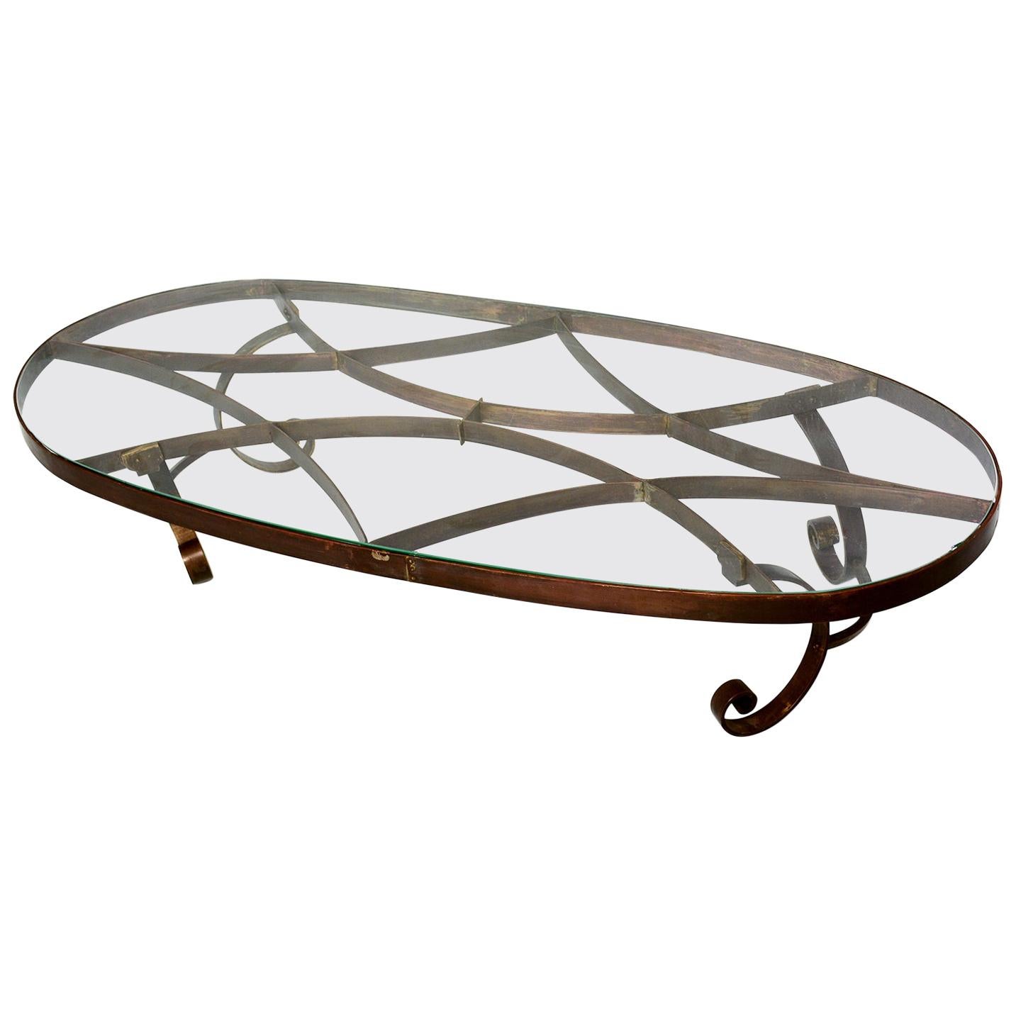 Style of Arturo Pani Oval Solid Brass Coffee Table Regency Modern Mexico 1940s